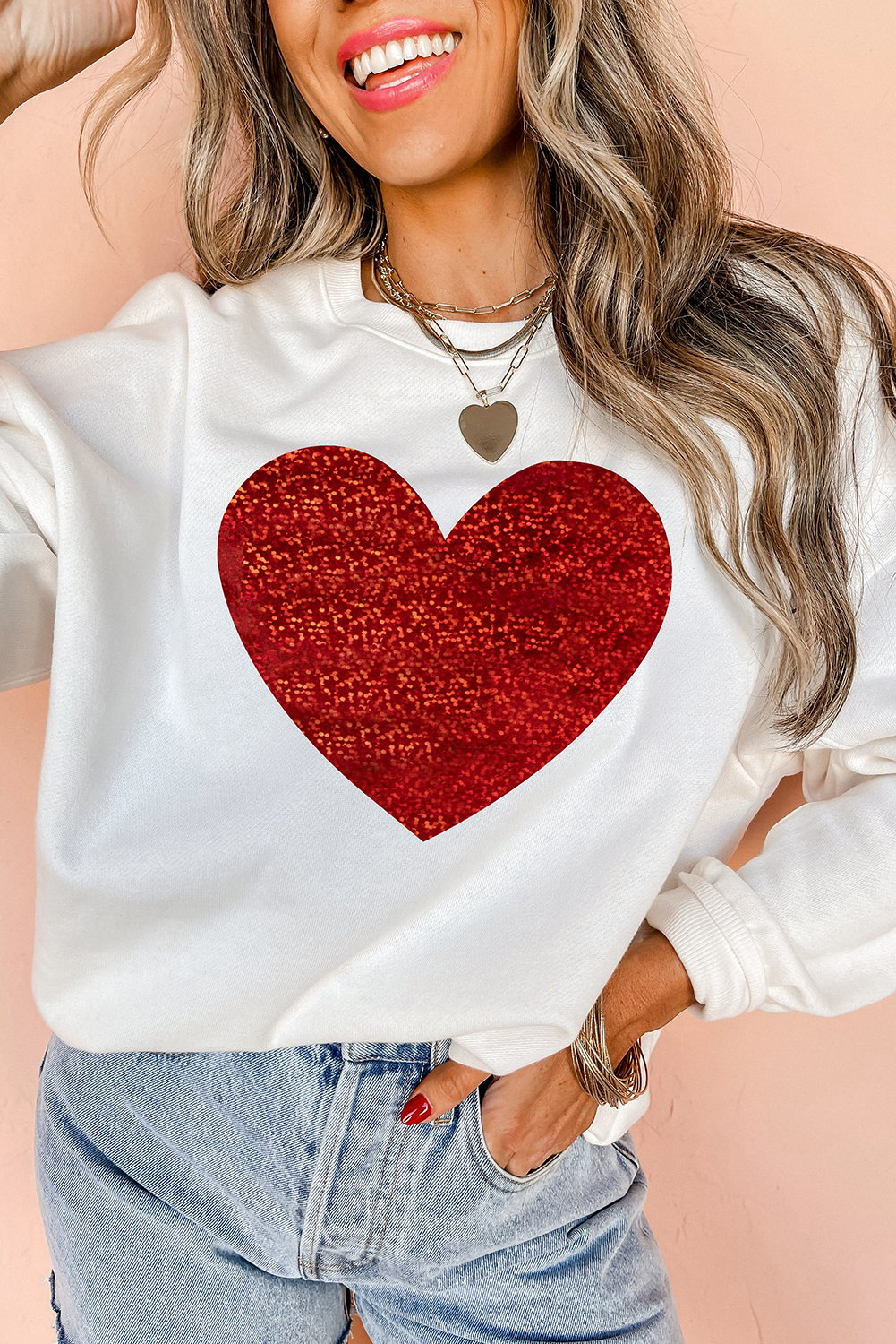 Beige Glitter Valentine Heart Shape Graphic Sweatshirt - loveforevers