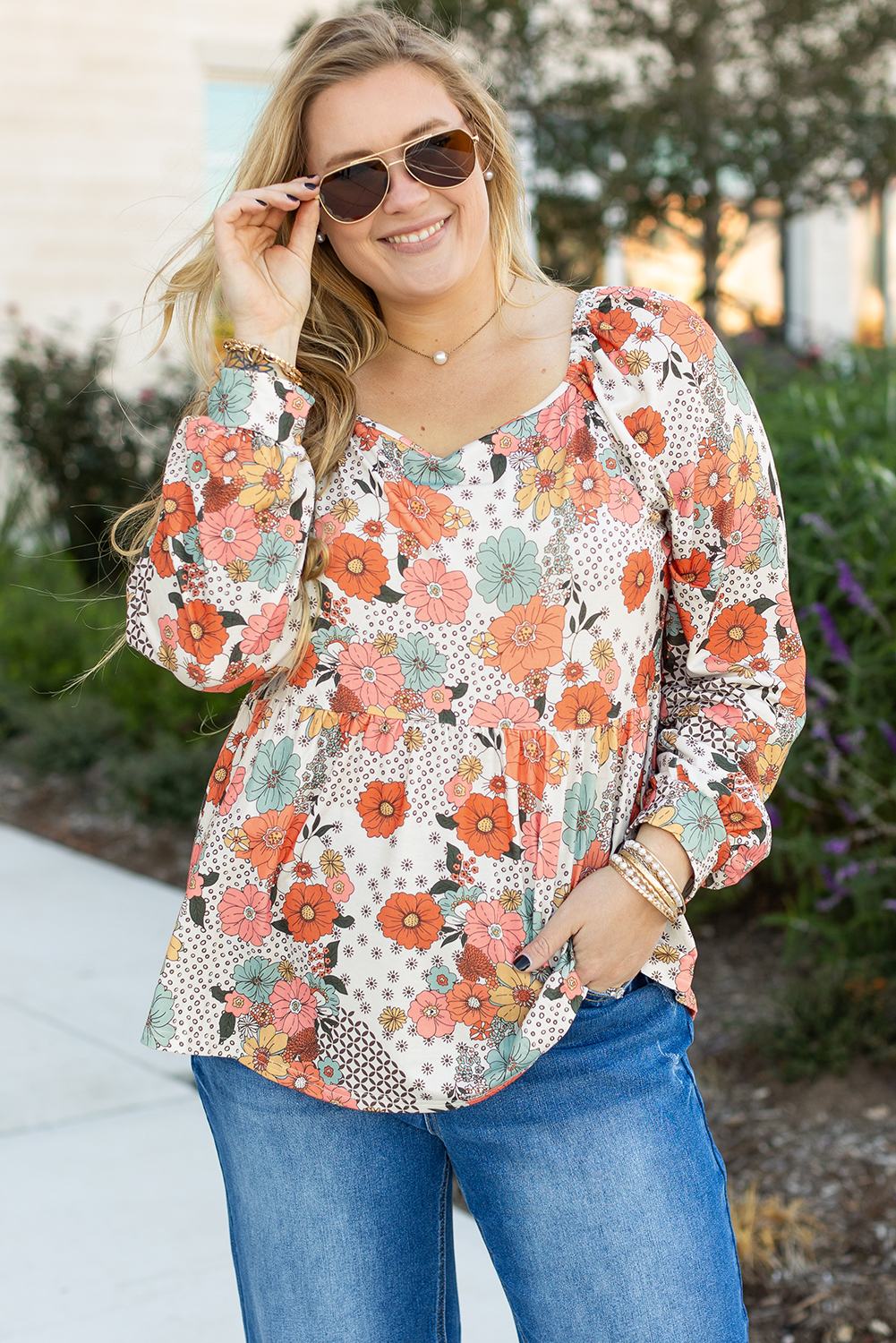 Khaki Plus Size Flower Print Square Neck Peplum Blouse - loveforevers