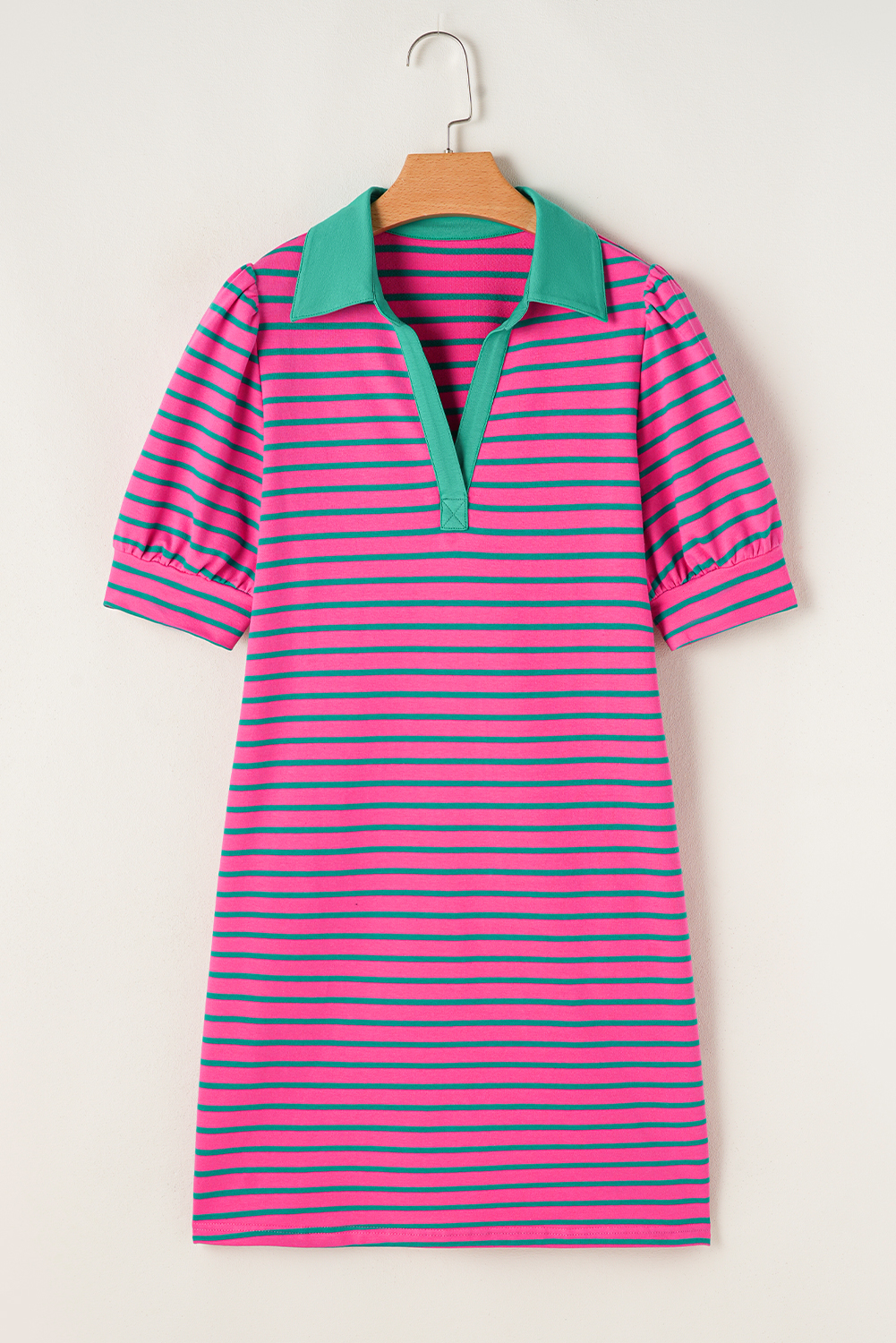 Pink Stripe Collared V Neck Puff Sleeve T Shirt Dress - loveforevers