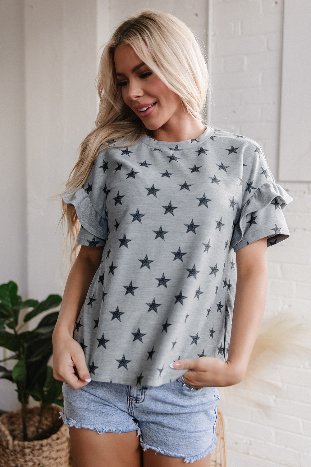 Gray Star Print Tiered Ruffled Sleeve Crew Neck T Shirt - loveforevers