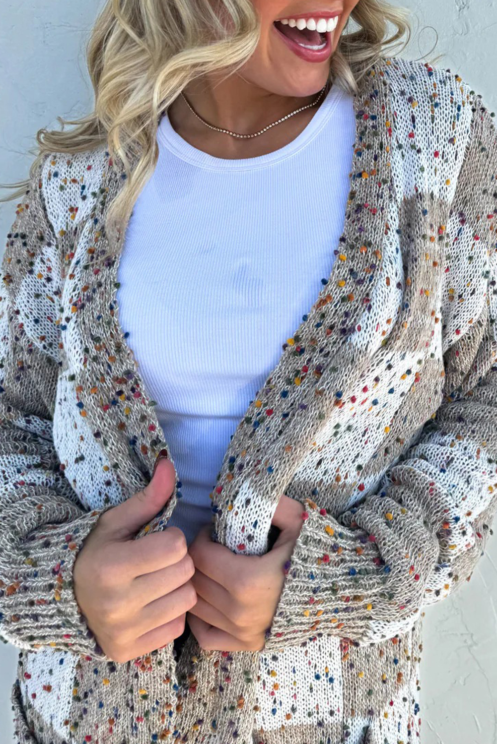 Brown Confetti Dot Checkered Print Open Cardigan with Pockets - loveforevers