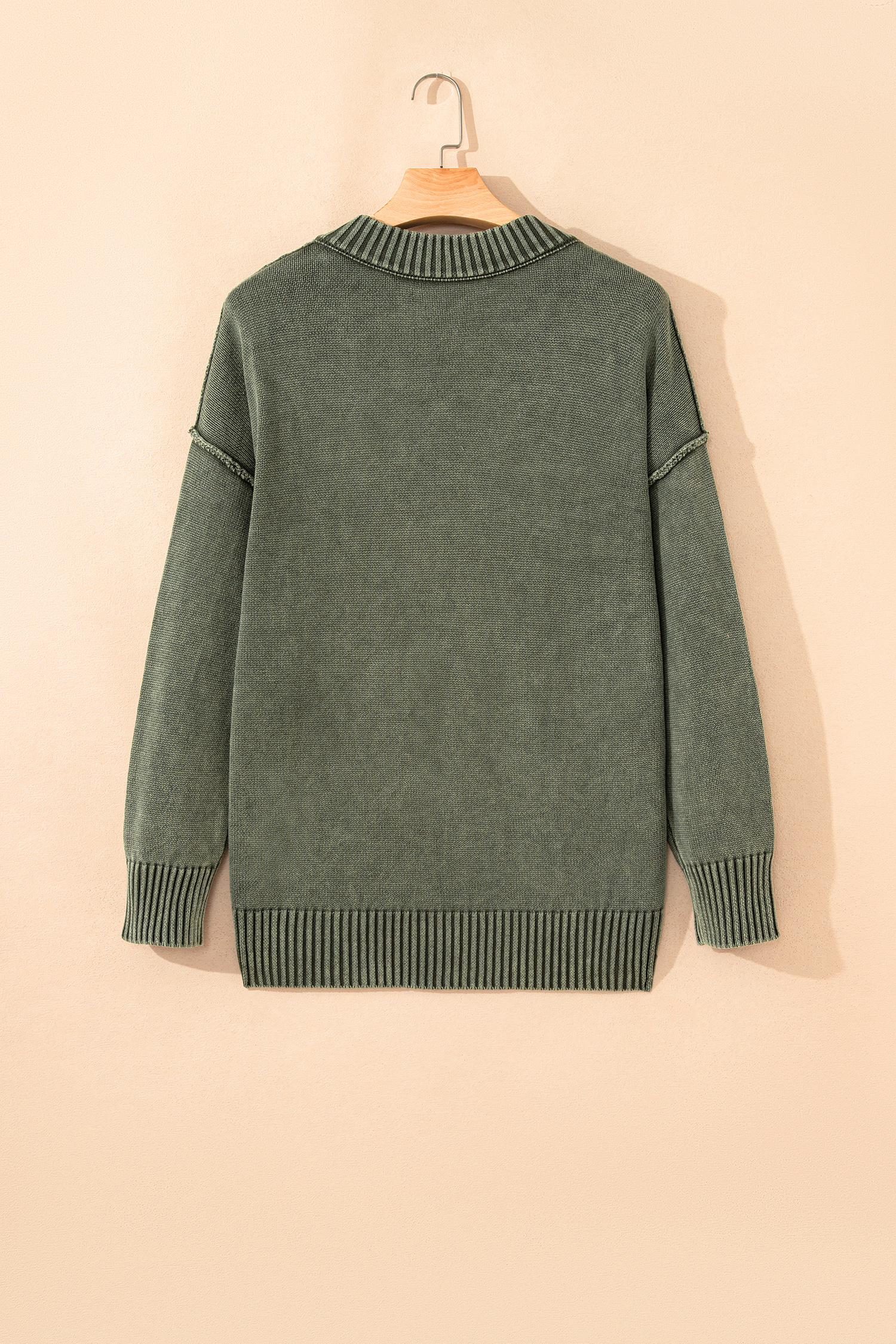 Four Leaf Clover Mineral Wash V Neck Knit Exposed Seam Drop Shoulder Loose Sweater - loveforevers