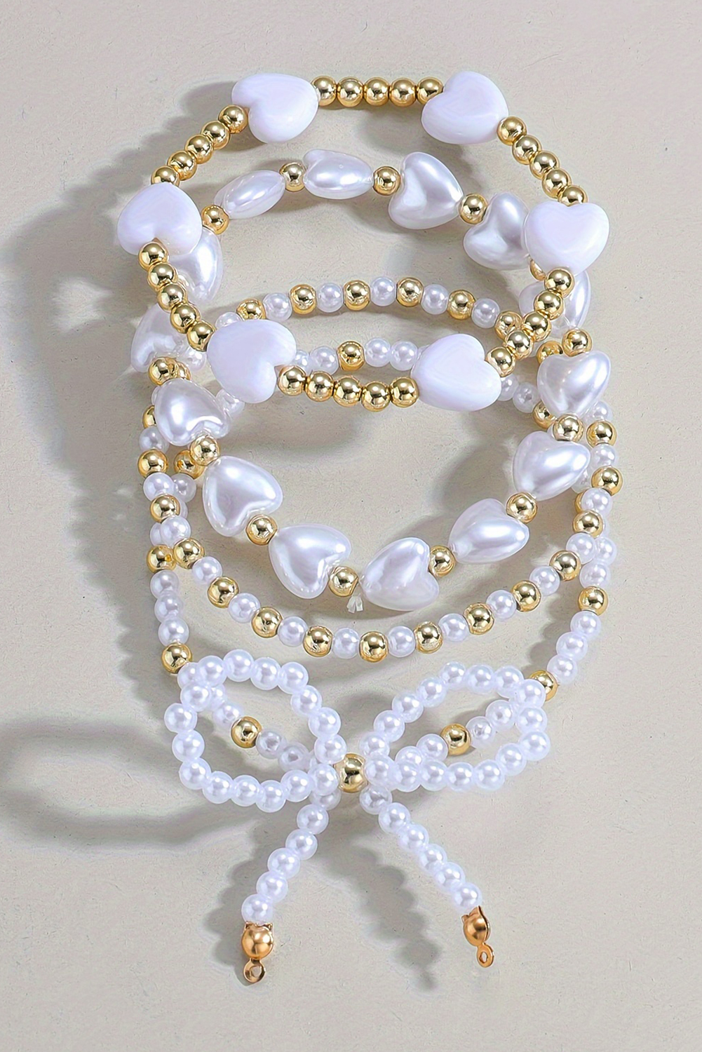 White Bow Knot Heart Shape Faux Pearl Beaded Bracelet Set - loveforevers