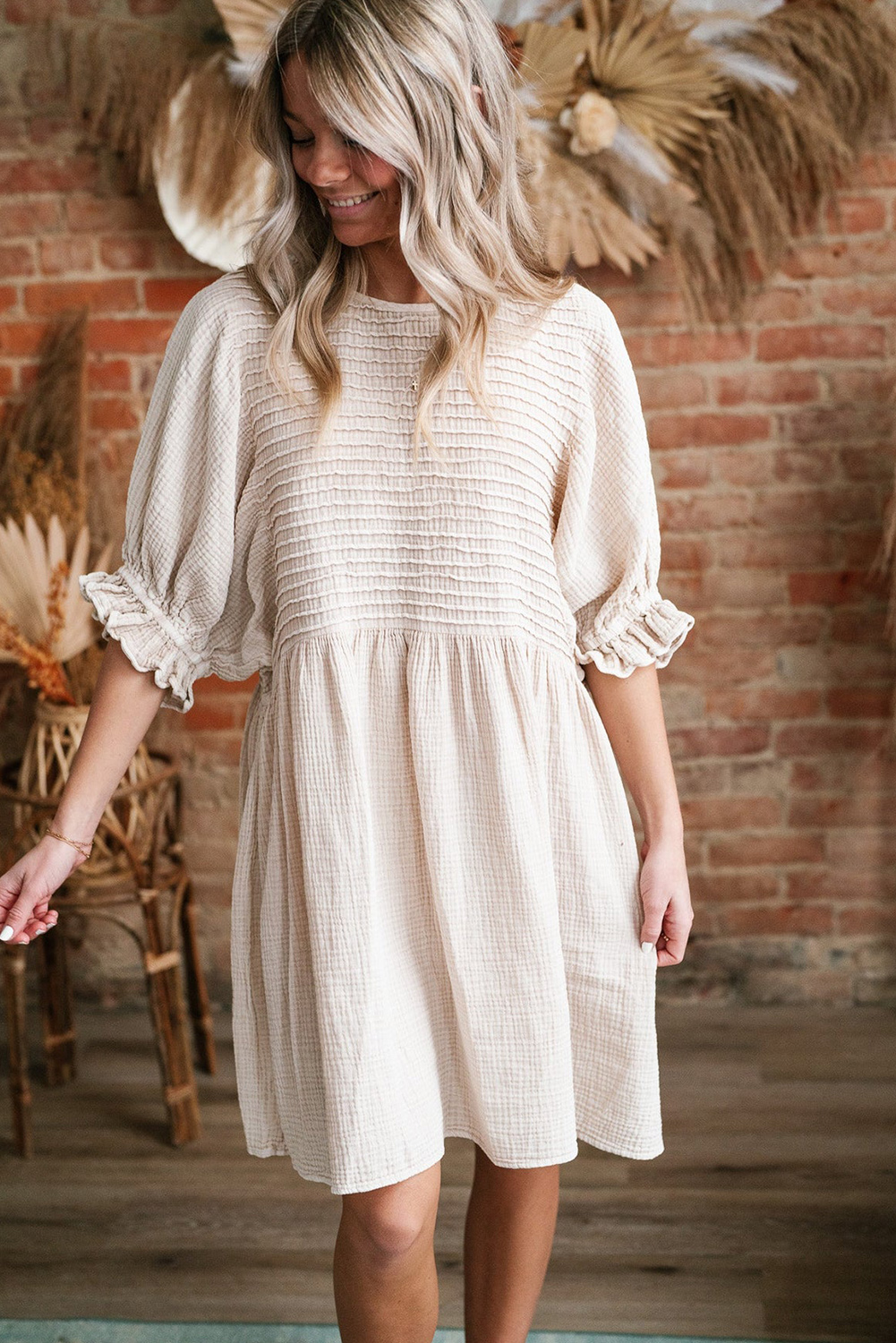 White Textured Ruffled Puff Sleeve Loose Dress - loveforevers