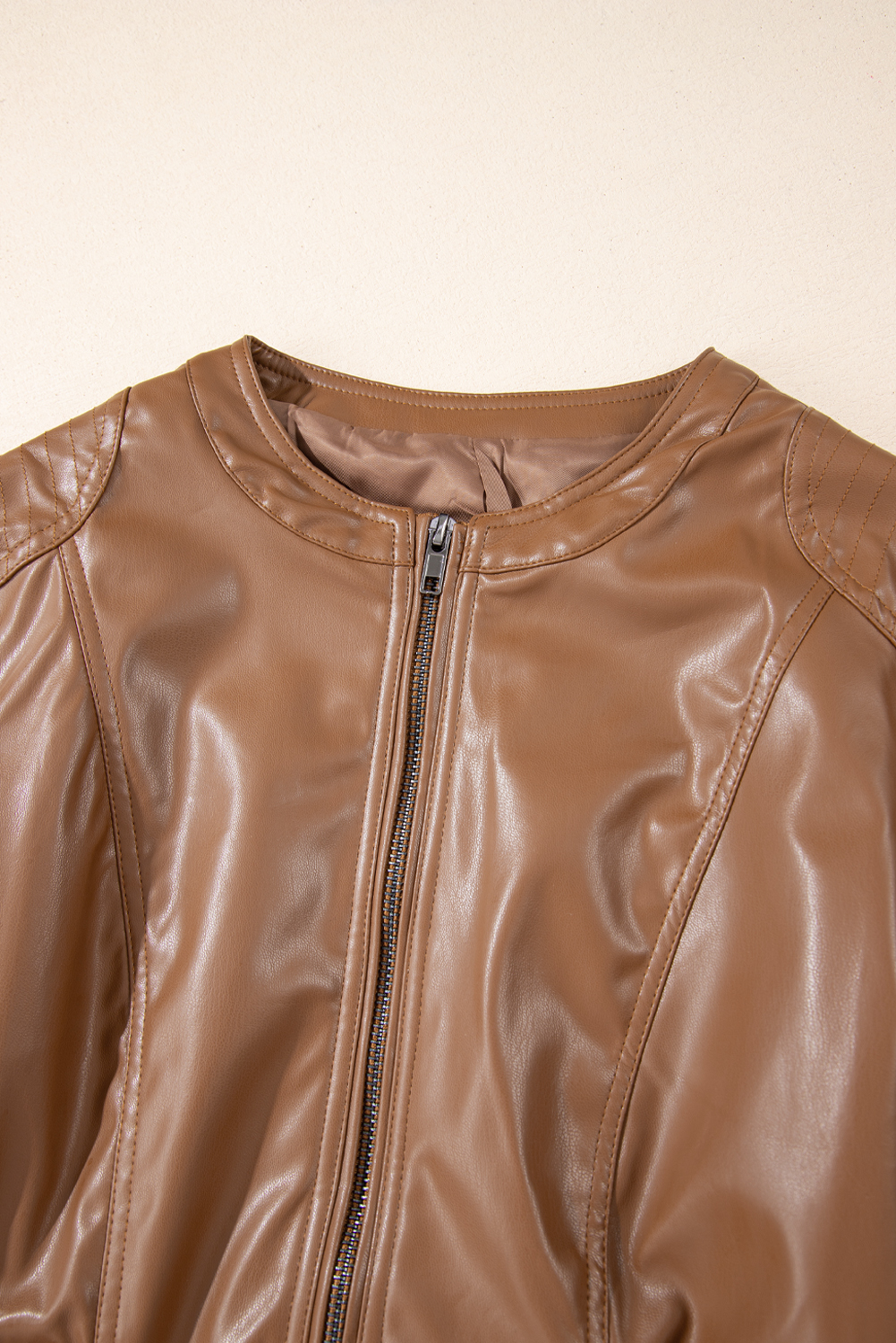 Chestnut Solid Faux Leather Zipper Slim Fit Bomber Jacket - loveforevers