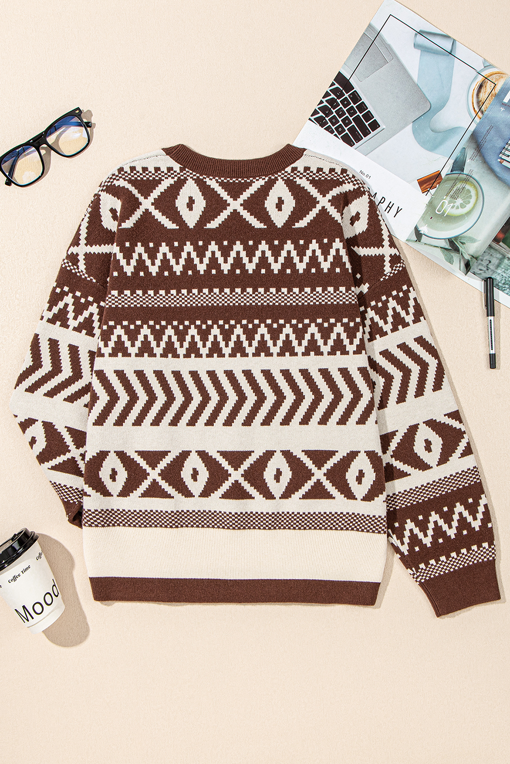 Brown Abstract Print Pullover Sweater - loveforevers