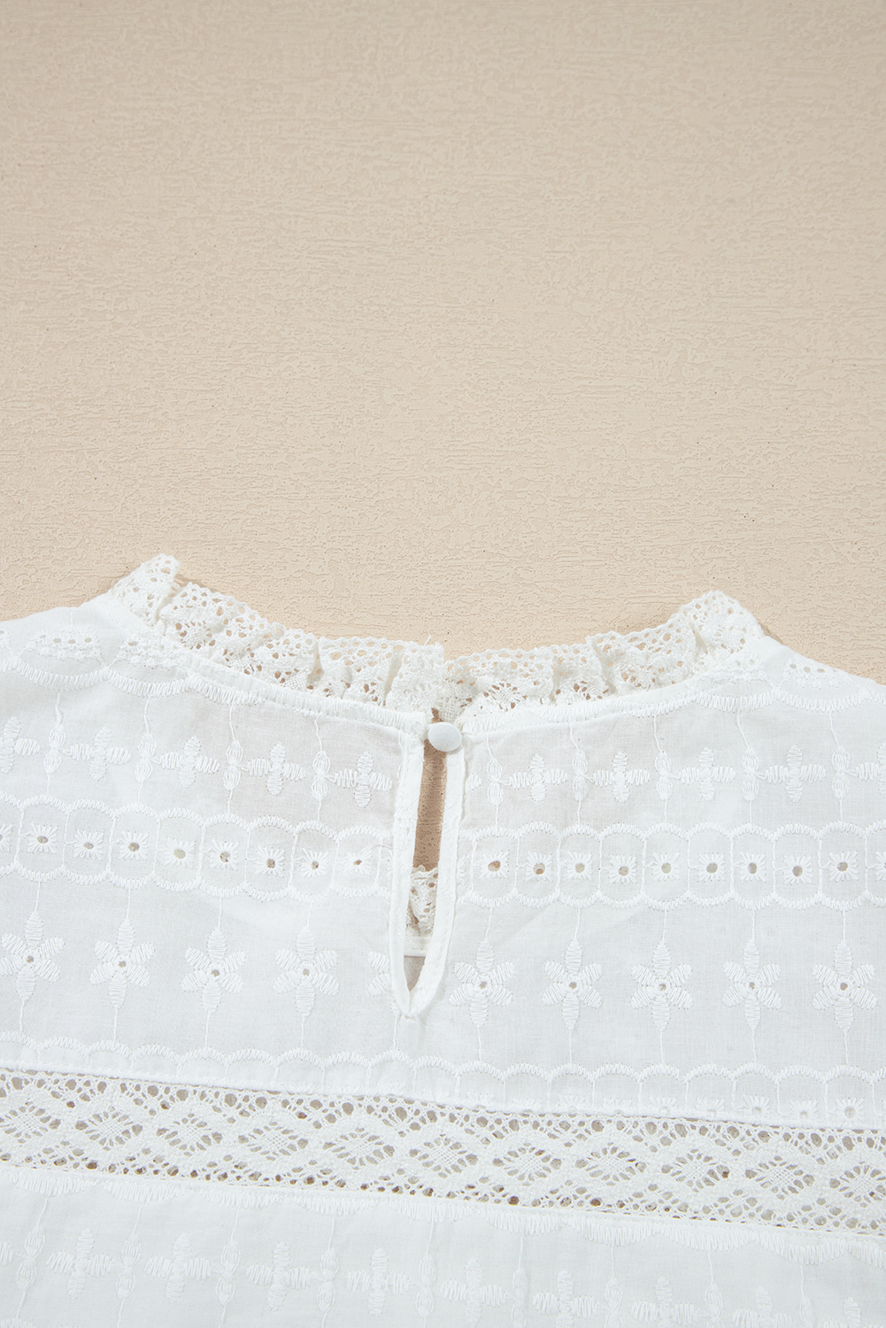 White Lace Neckline Flutter Sleeve Eyelets Blouse - loveforevers