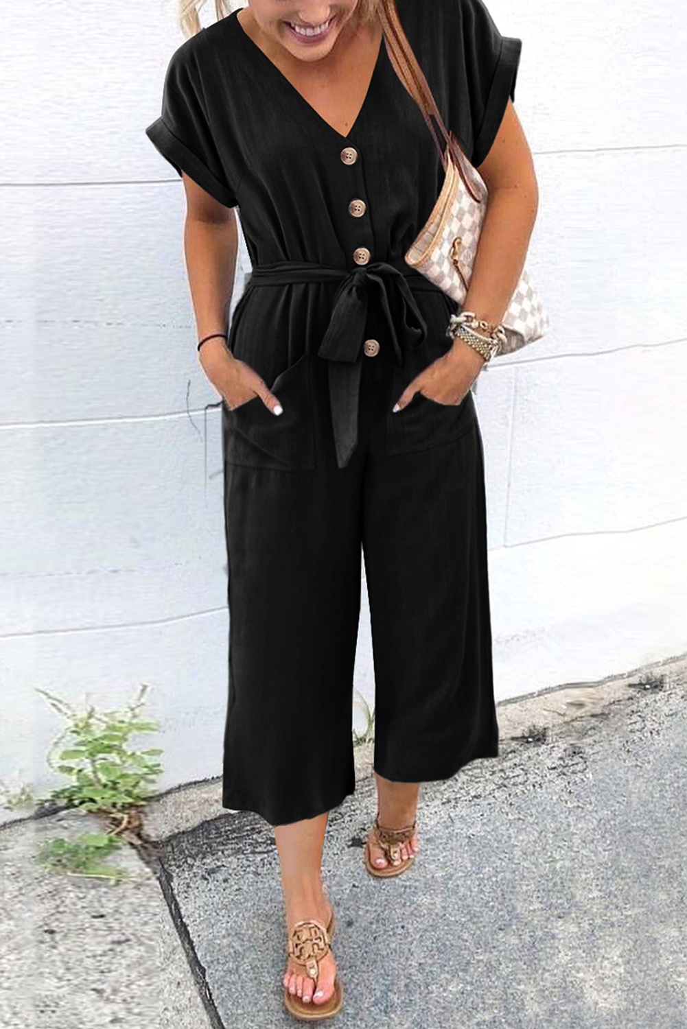 Black Dolman Button Belted V Neck Wide Leg Pocketed Jumpsuit - loveforevers