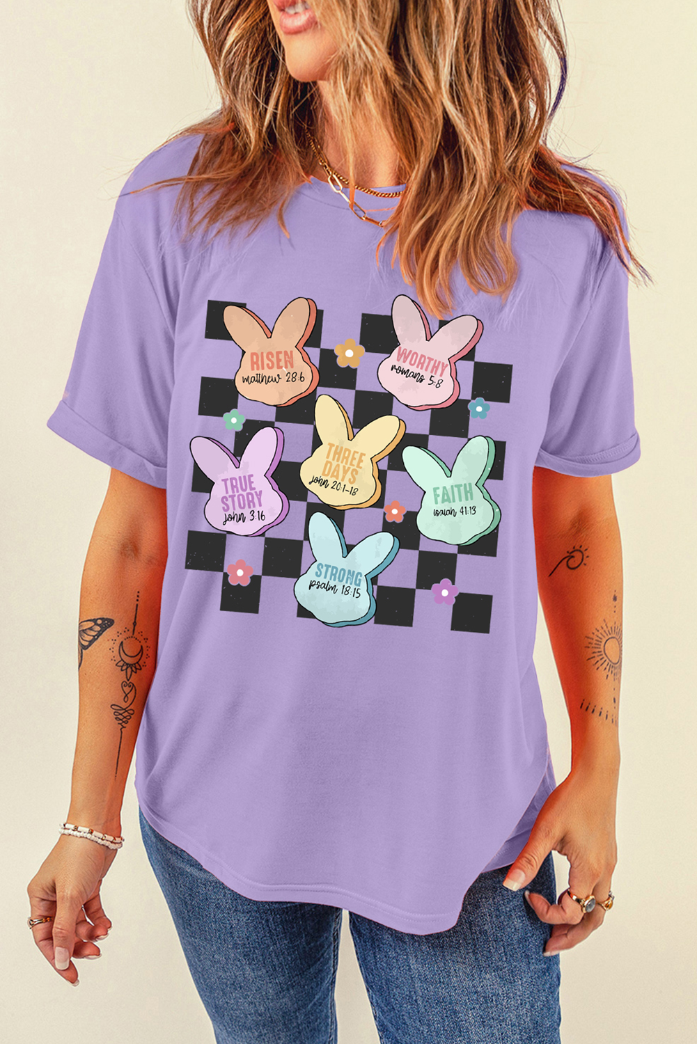 Wisteria Bunny Bible Verses Checkered Print Easter T Shirt - loveforevers