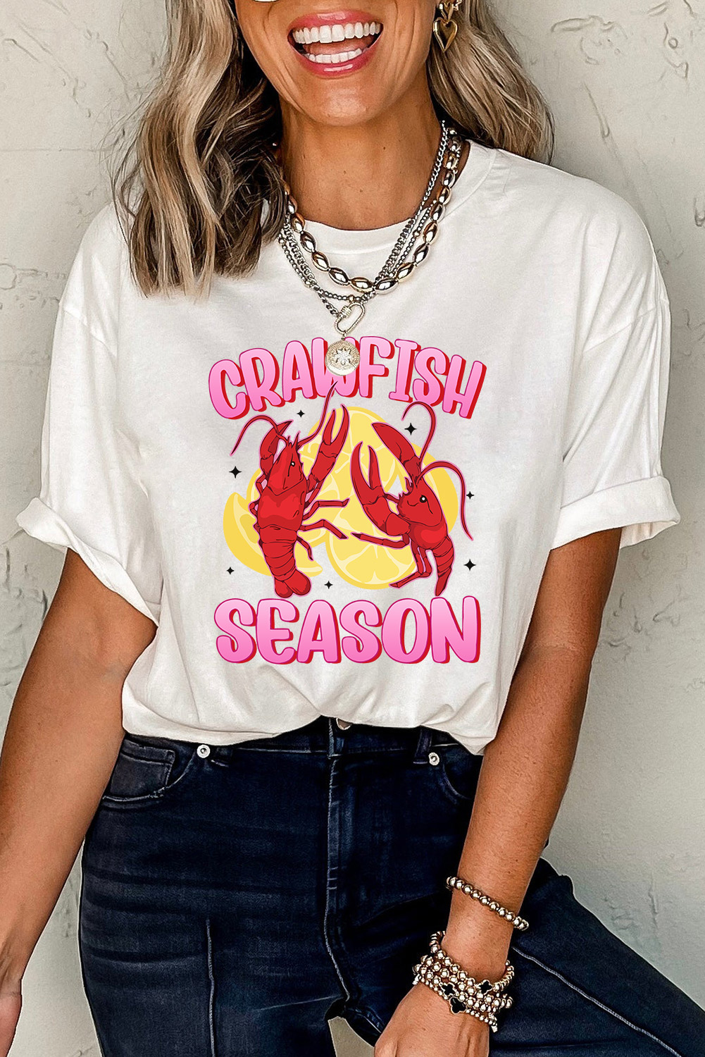 White CRAWFISH SEASON Lemon Spice Graphic Tee - loveforevers