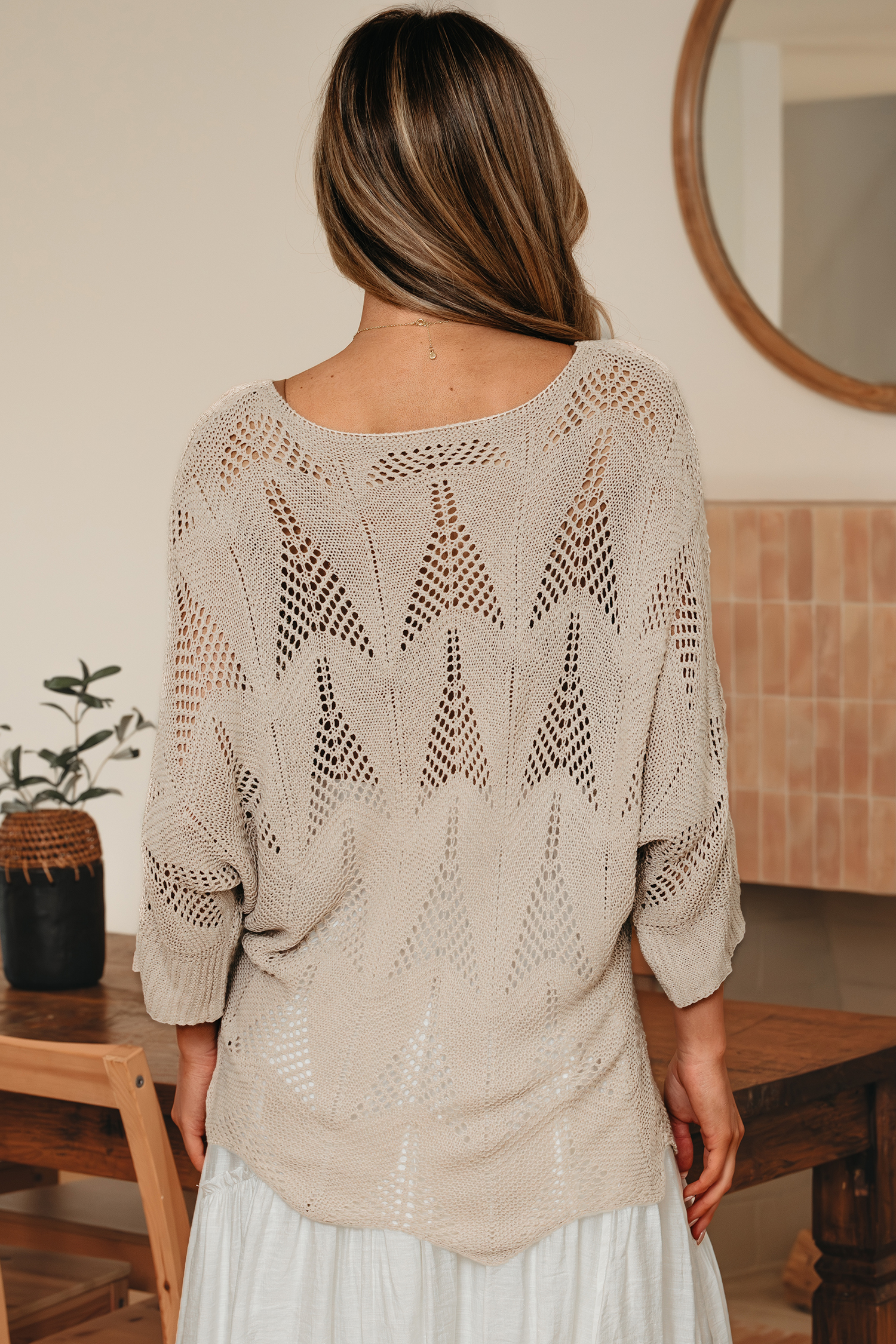 Navy Blue Hollow Out Knit 7/8 Sleeve Casual Sweater - loveforevers