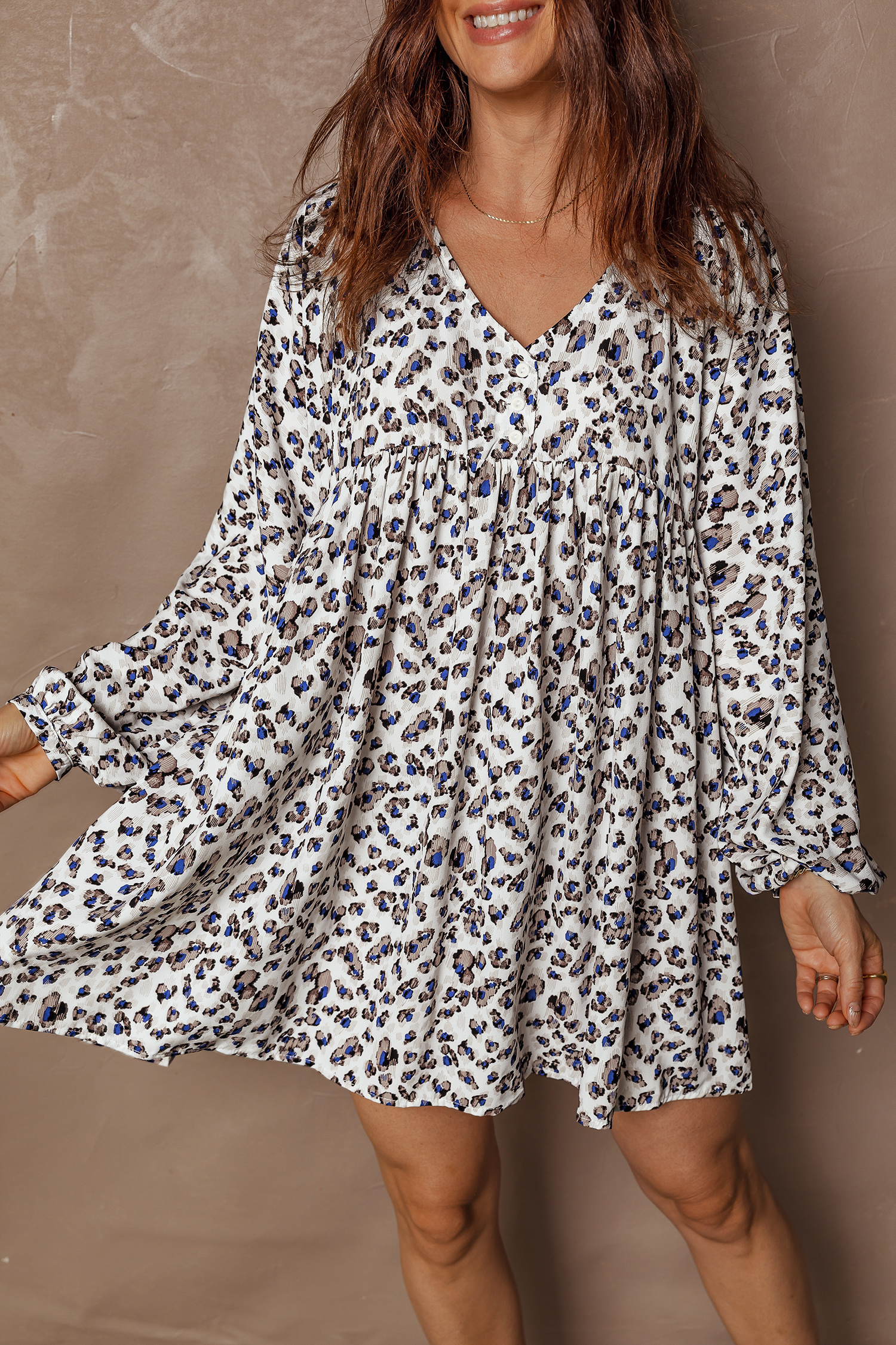 Multicolour Leopard Print V Neck Button Detail Long Sleeve Mini Dress - loveforevers