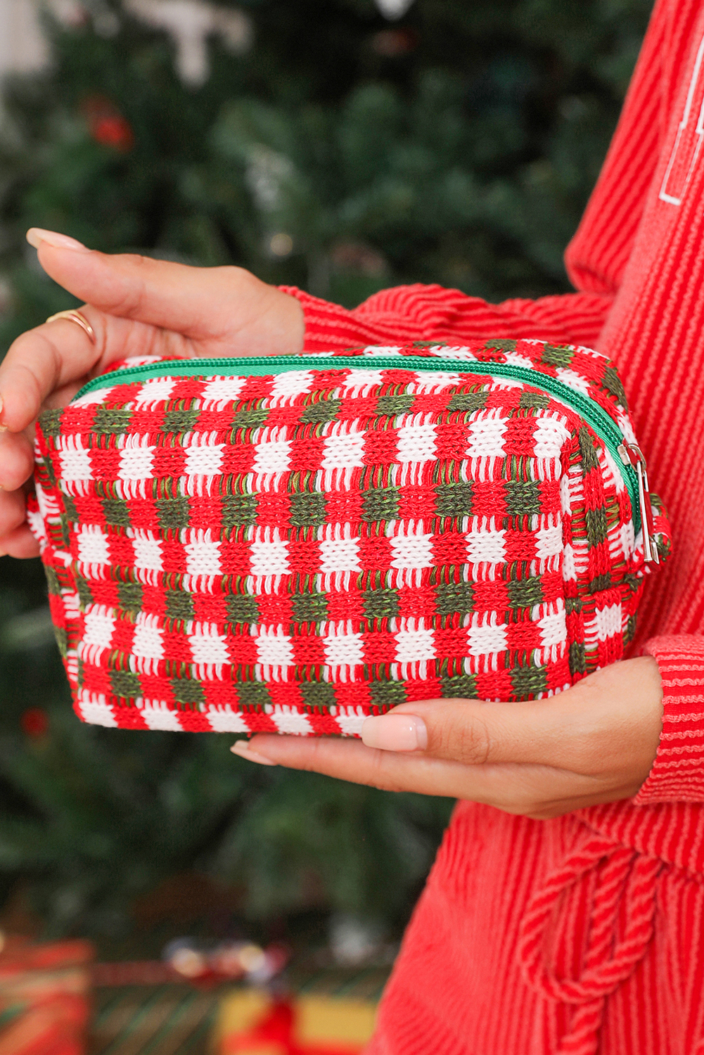 Racing Red Christmas Style Crochet Zipper Square Makeup Bag - loveforevers