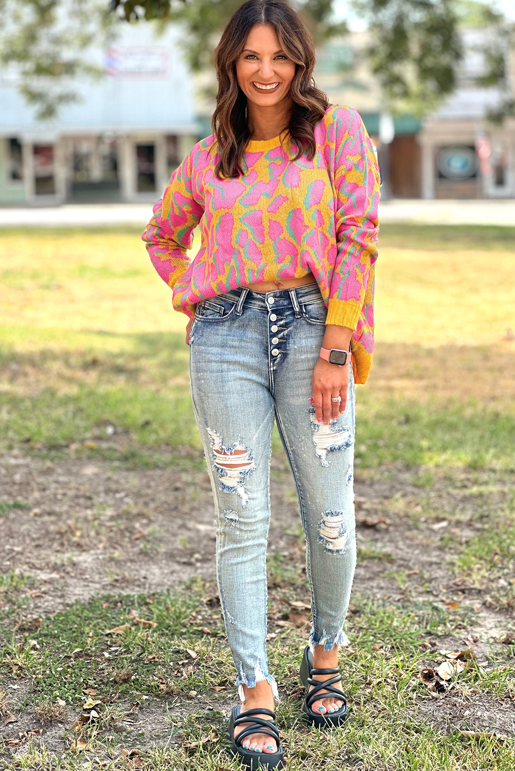Green Abstract Print Ribbed Trim Baggy Sweater - loveforevers