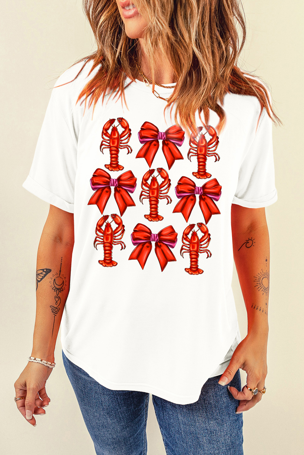 White Crawfish Bow Printed Casual T Shirt - loveforevers