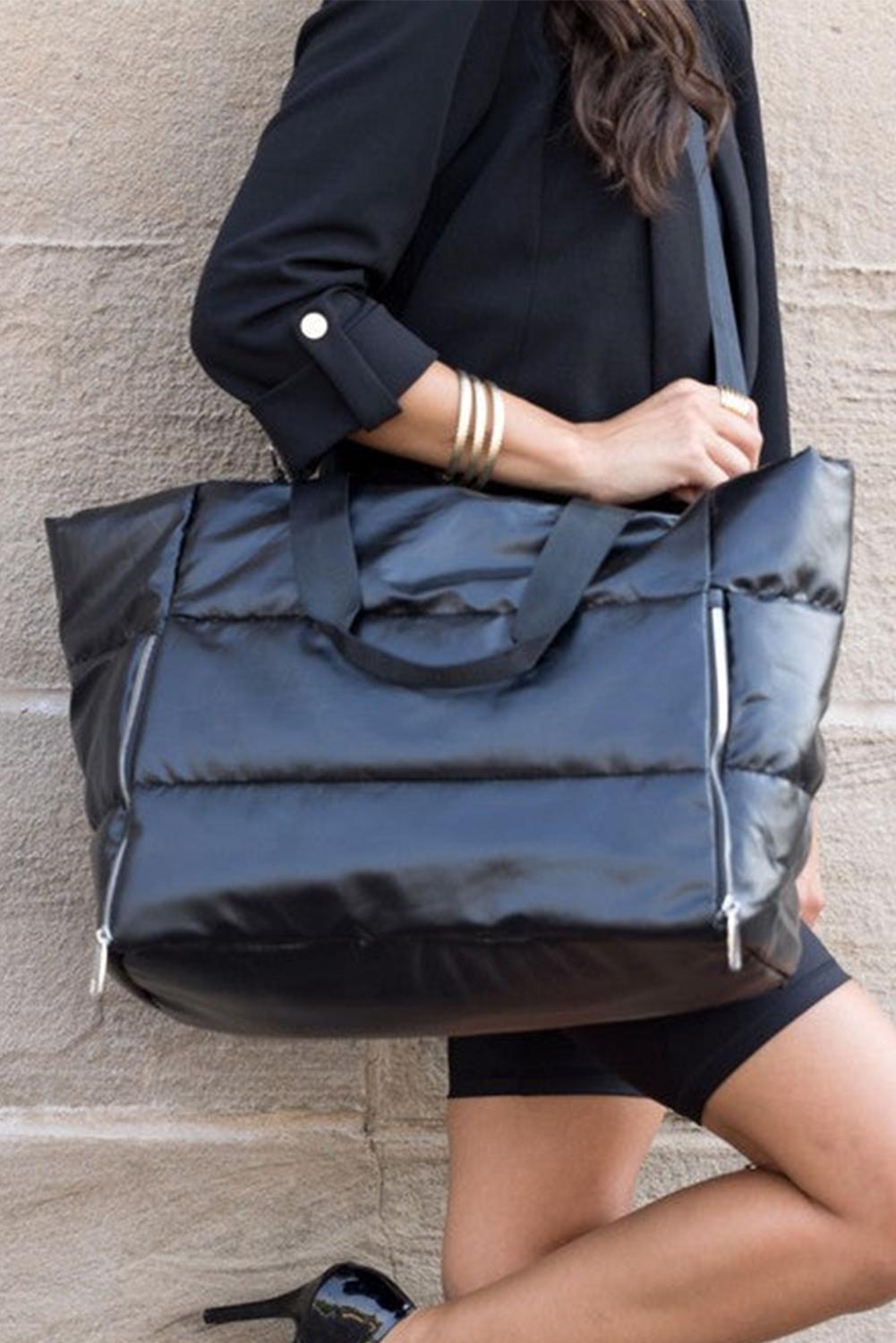 Black Solid Zipper Puffer Large Tote Bag - loveforevers