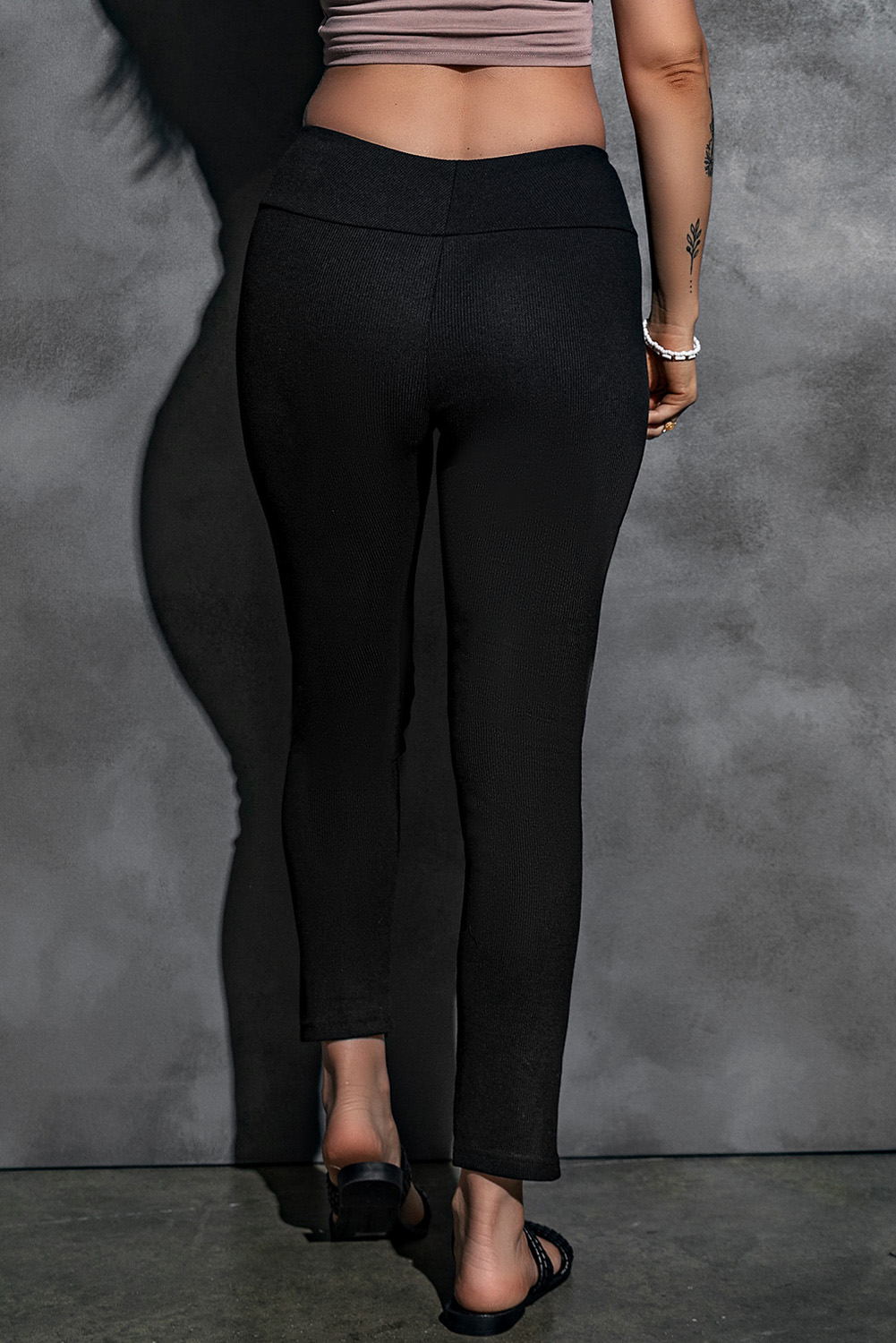 Black Rib Knit High Waist Slit Leggings - loveforevers