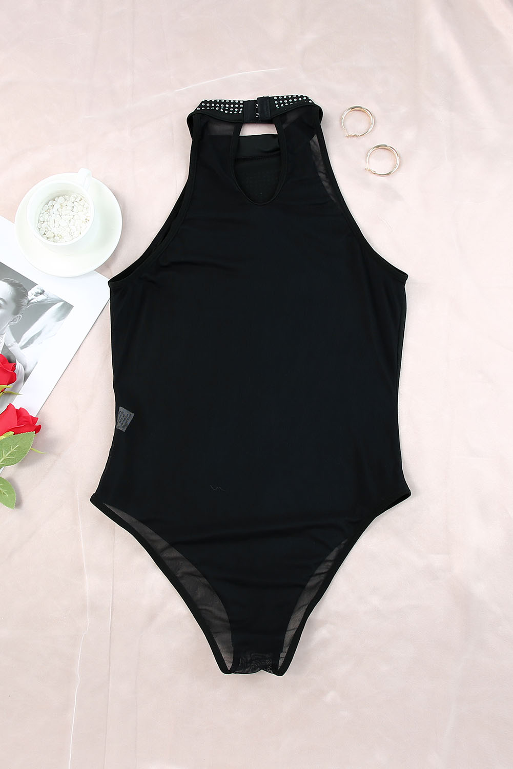 Black High Neck Sleeveless Diamante Bodysuit - loveforevers