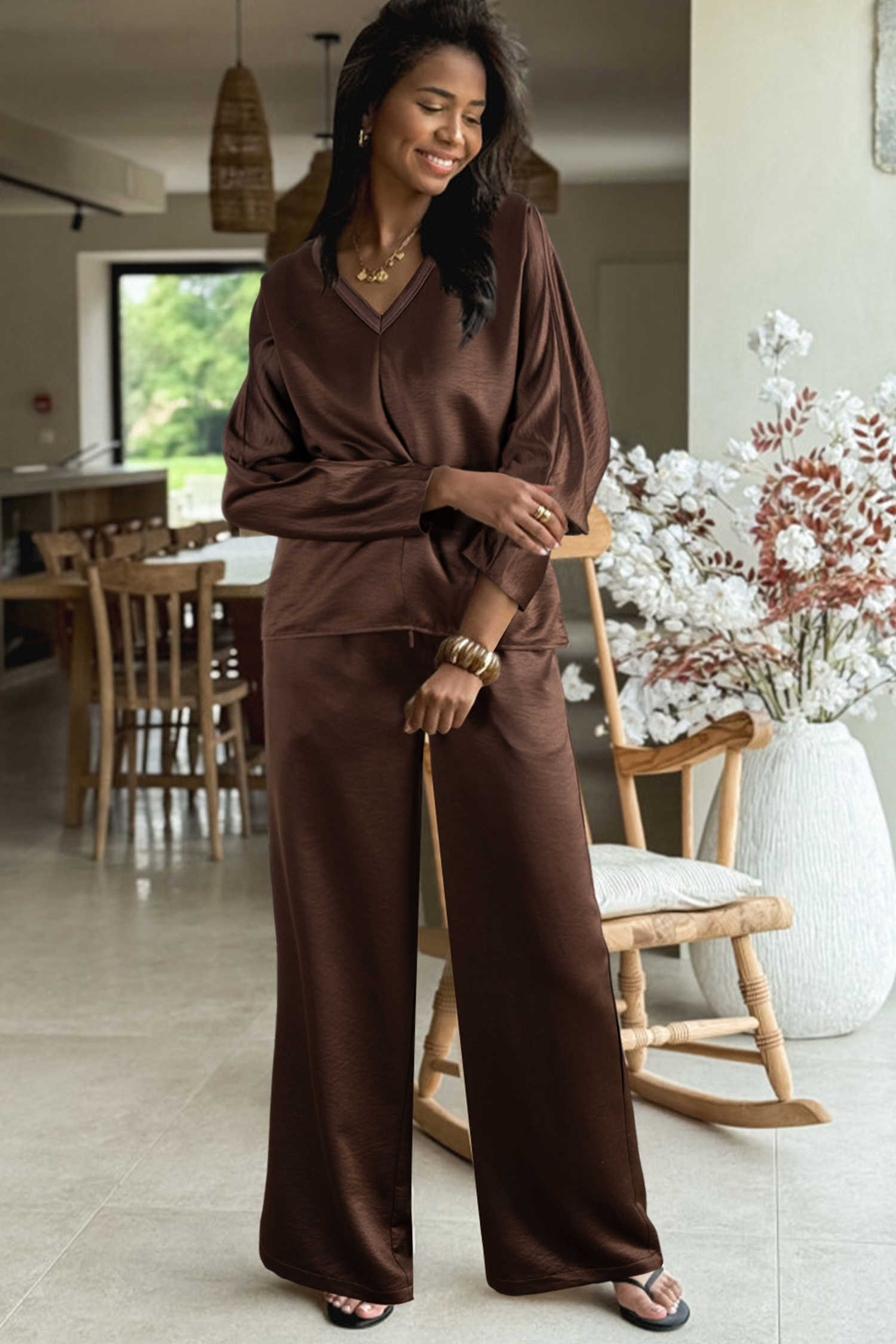 Dark Brown Braided V Neck Long Sleeve Loose Top and Drawstring High Waist Pants 2pcs Outfit - loveforevers