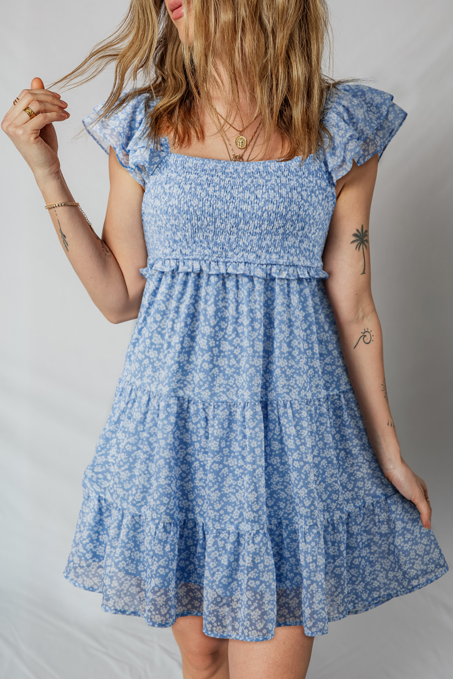 Sky Blue Floral Print Square Neck Flutter Sleeve Smocked Tiered Mini Dress - loveforevers