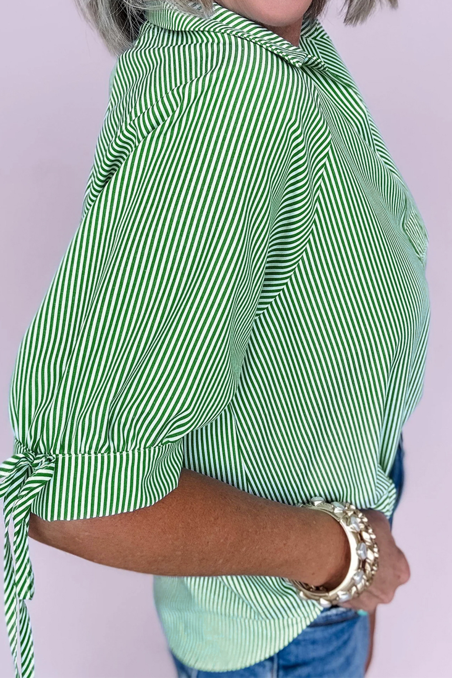 Mint Green Striped Print Collared Split Neck Half Sleeve Blouse - loveforevers