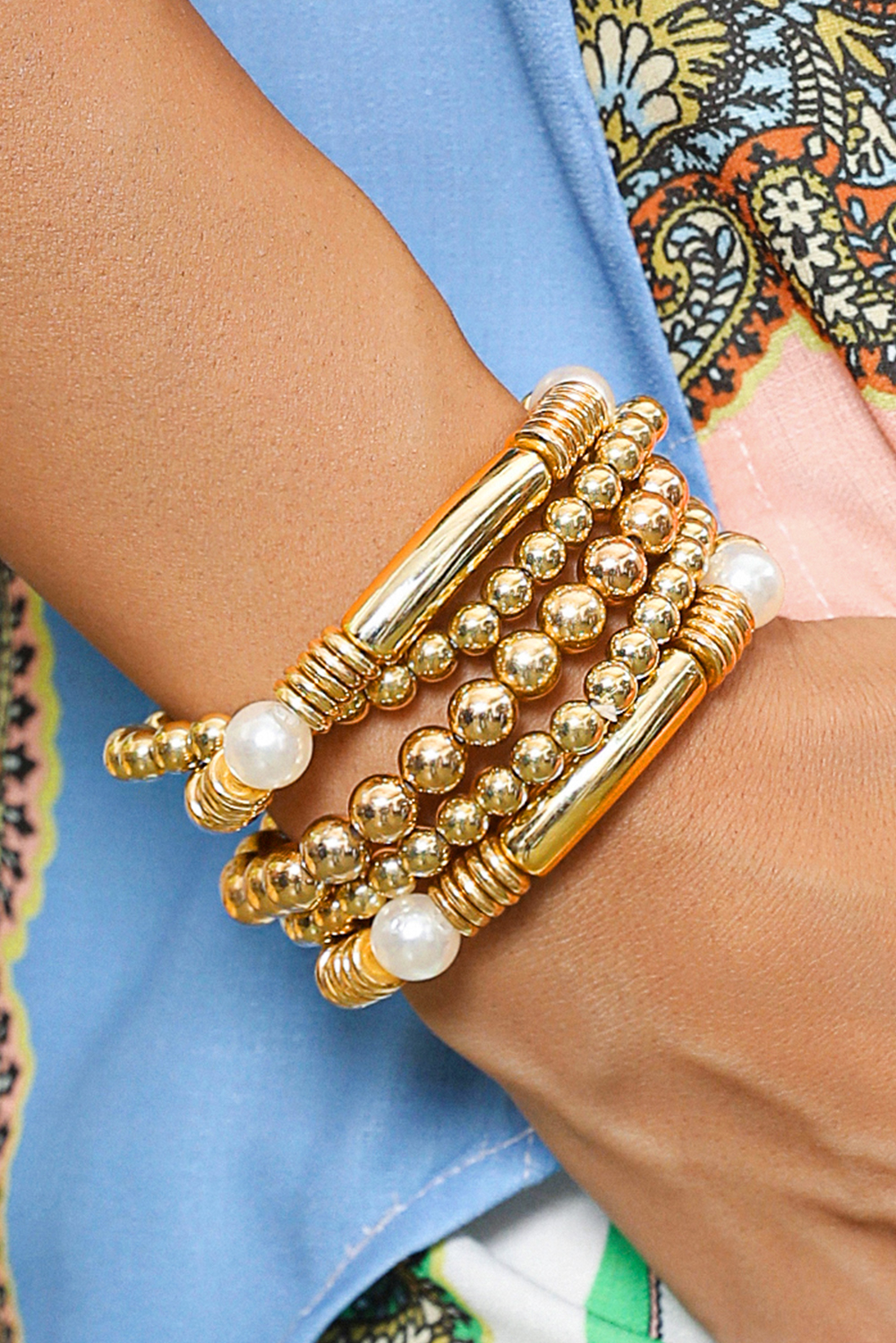 Gold 5pcs Pearl Plated Beaded Bracelet Set - loveforevers