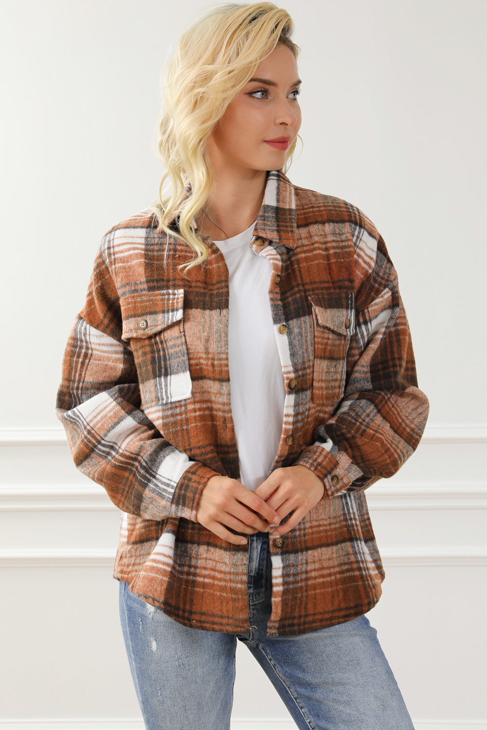 Brown Plaid Flap Pockets Shacket - loveforevers