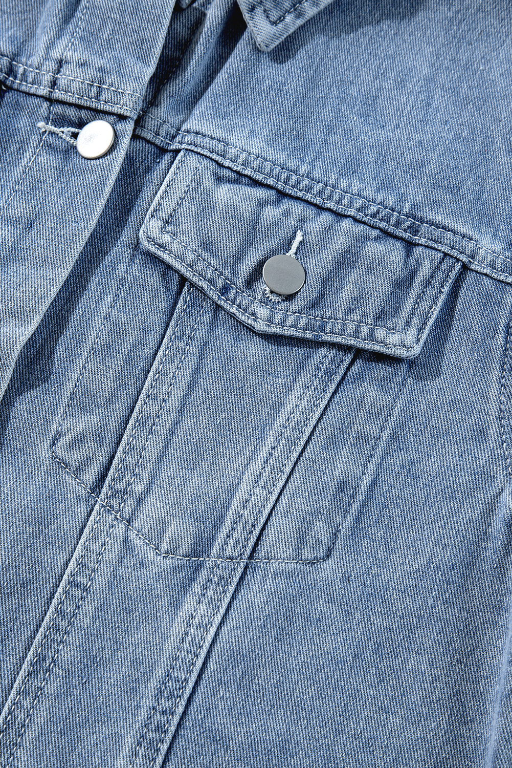 Beau Blue Ruffle Raw Hem Flap Pockets Denim Jacket - loveforevers