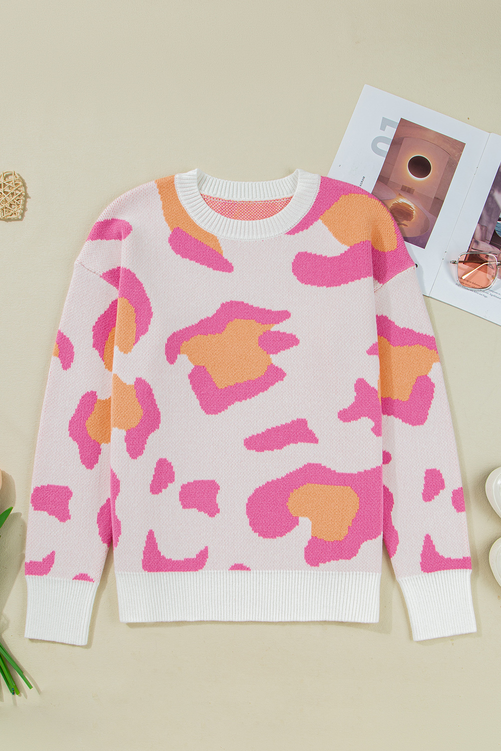 Sachet Pink Playful Leopard Print Drop Shoulder Baggy Sweater - loveforevers