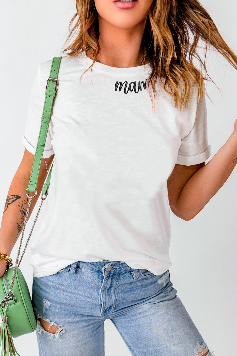 White mama Heart Embroidered Crew Neck T Shirt - loveforevers