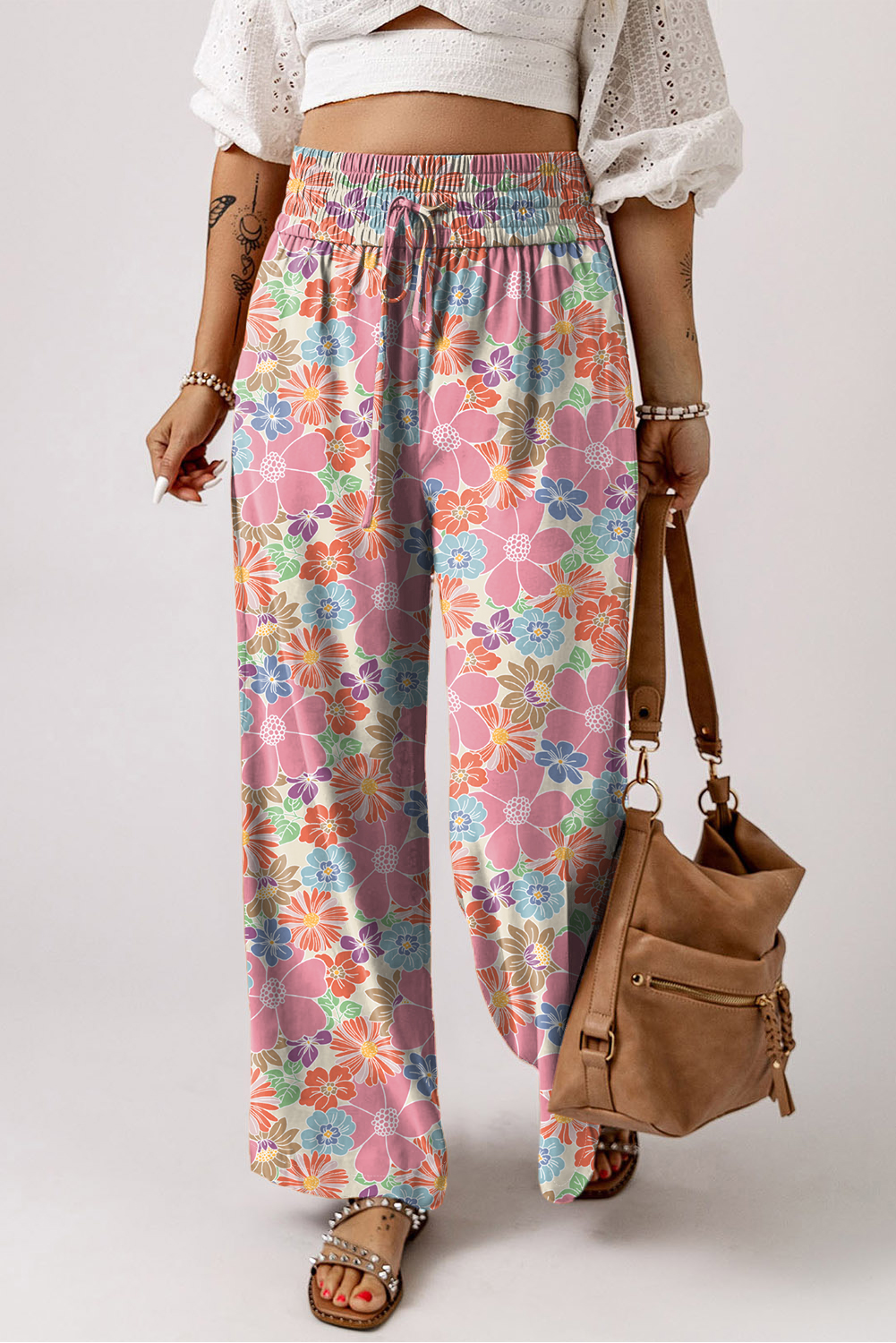 Pink Floral Smocked Waist Loose Pants - loveforevers