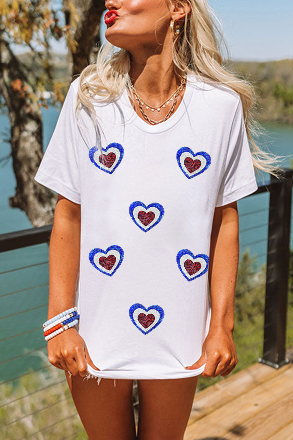 White Sequin Patriotic Heart Graphic Crewneck T Shirt - loveforevers