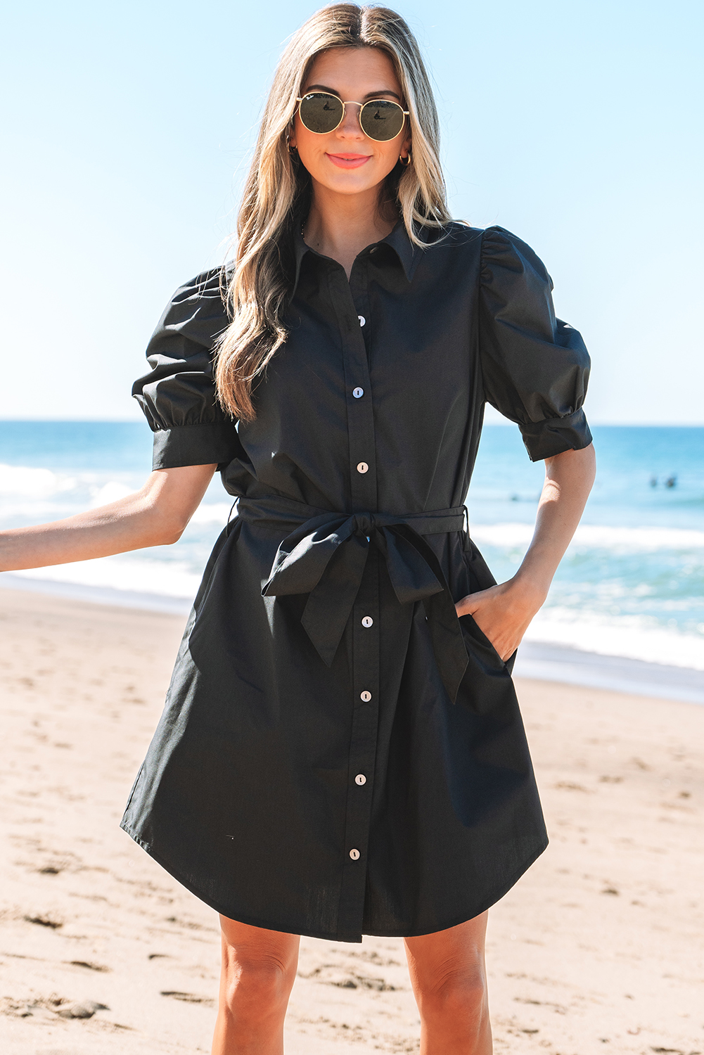 Black Button Up Tie Waist Puff Sleeve Mini Dress - loveforevers