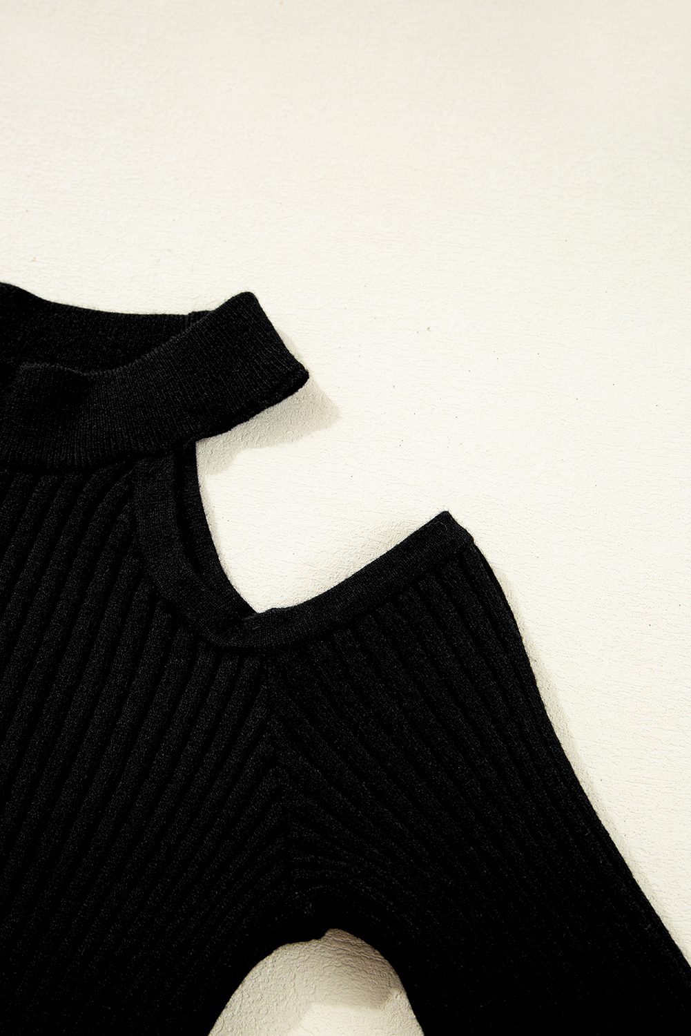 Black Ribbed Knit Cold Shoulder Choker Neck Sweater - loveforevers