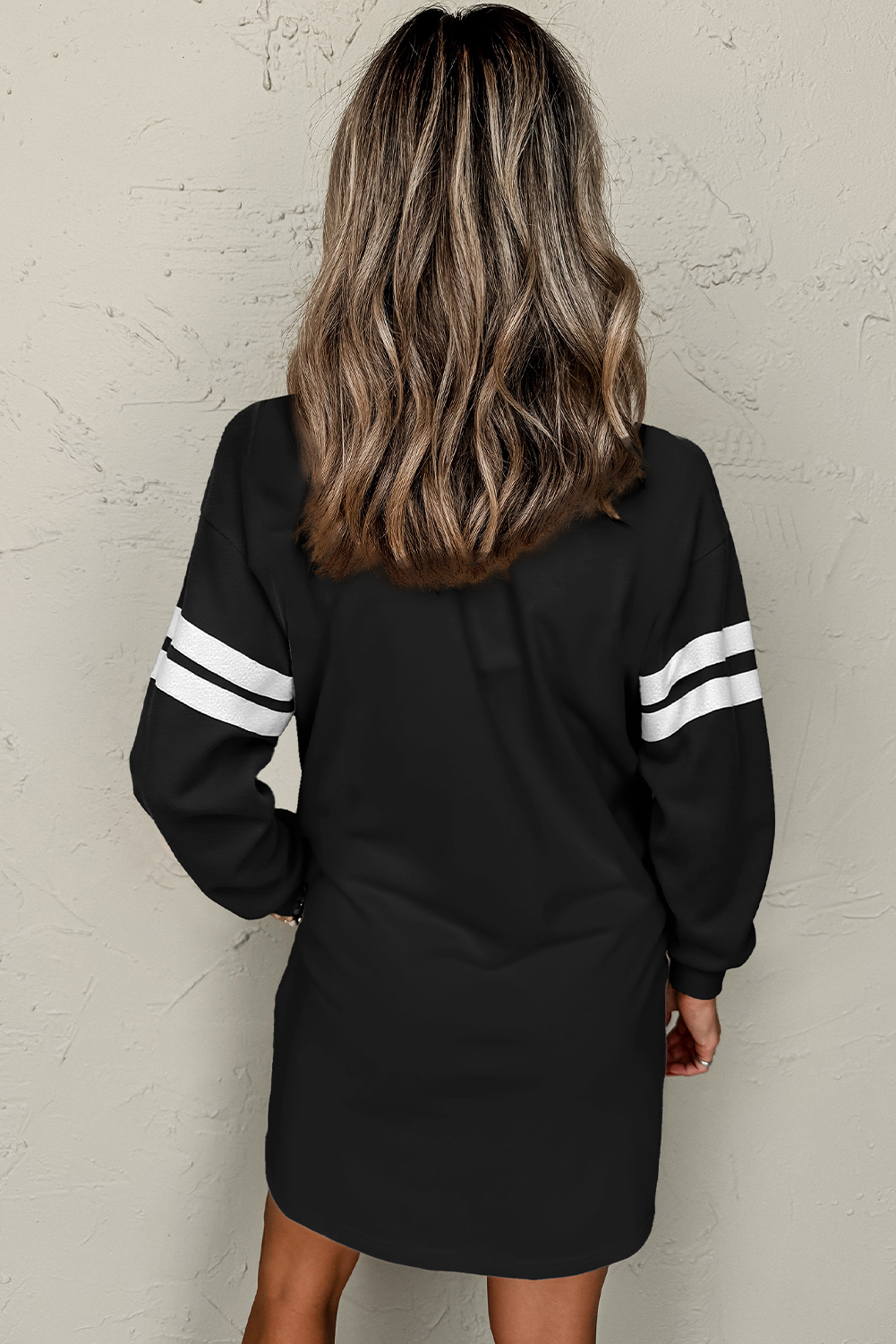 Black Christmas Sequin Nutcracker-man Graphic Varsity Striped Sleeve Sweatshirt Dress - loveforevers