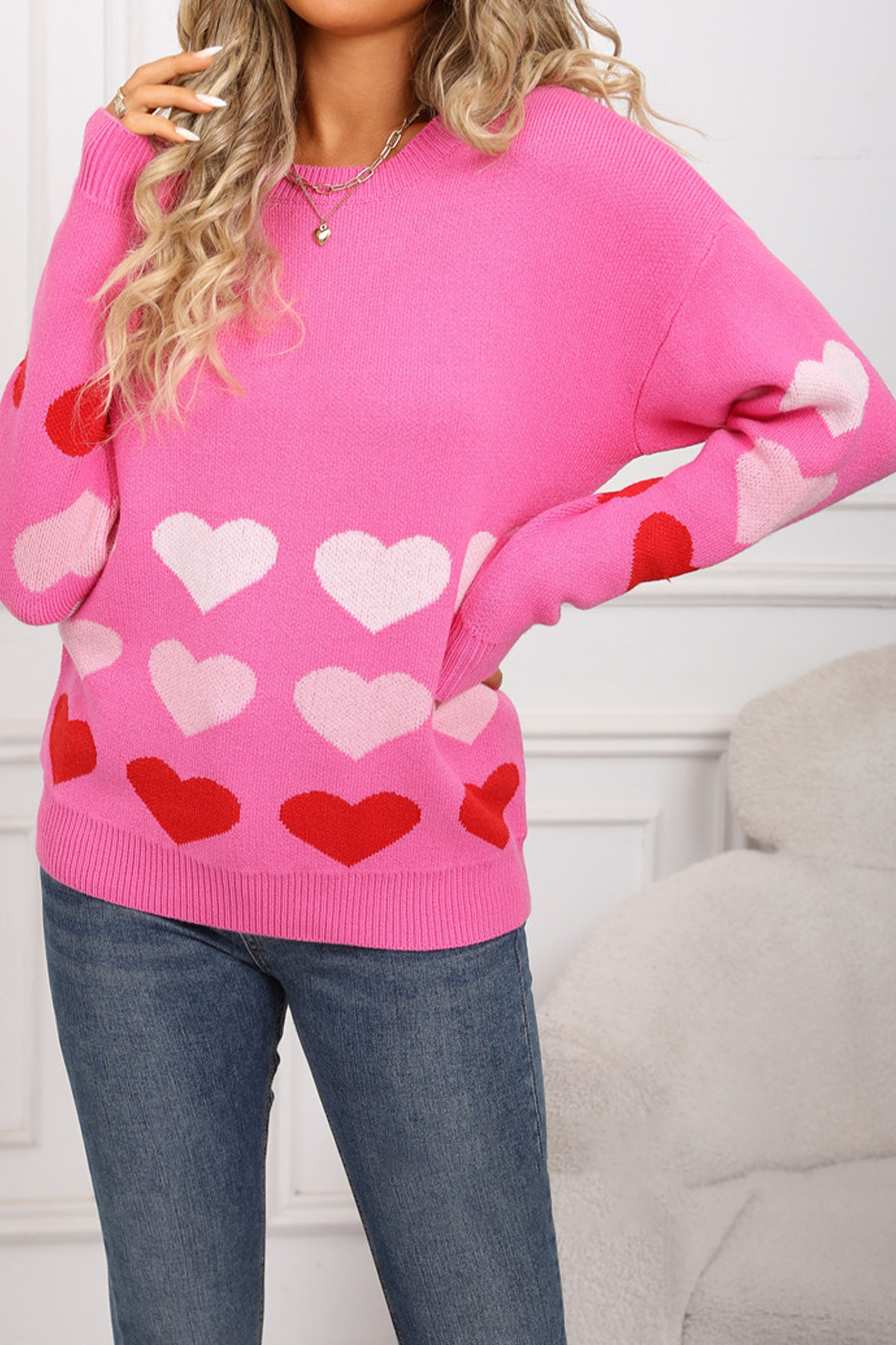 Rose Red Drop Shoulder Romantic Heart Pattern Sweater - loveforevers