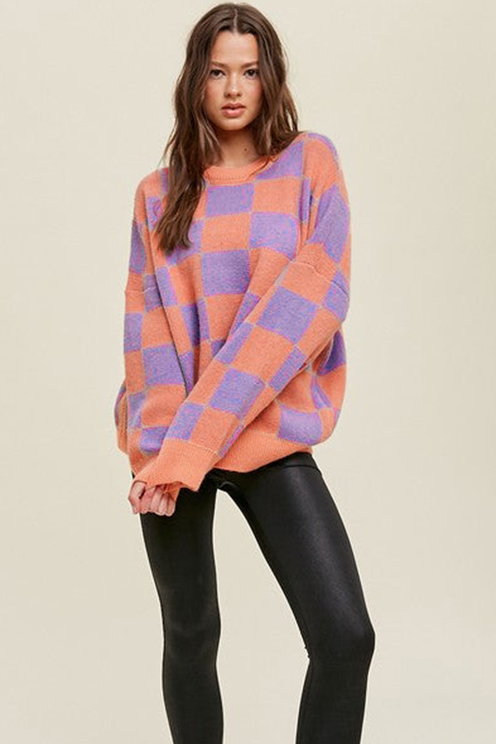 Parchment Checkered Pattern Ribbed Trim Knit Baggy Sweater - loveforevers
