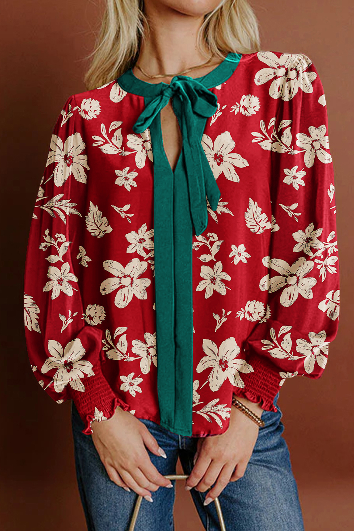 Red Contrast Tied Neck Shirred Puff Sleeve Flower Blouse - loveforevers