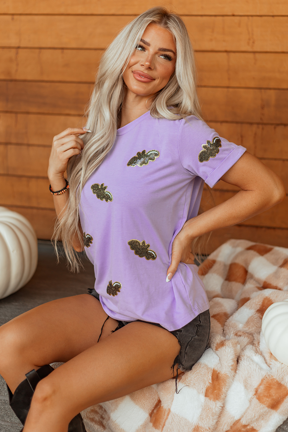 Wisteria Sequin Halloween Bat Patched Casual T Shirt - loveforevers