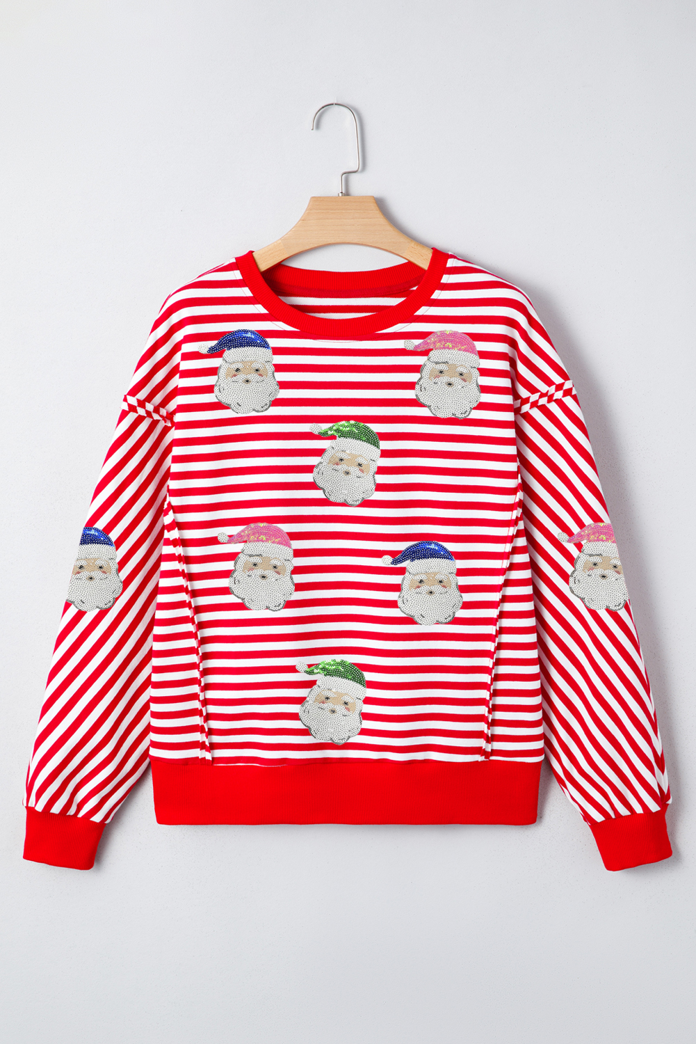 Red Stripe Sequin Santa Round Neck Raw Seam Detail Christmas Long Sleeve Top - loveforevers