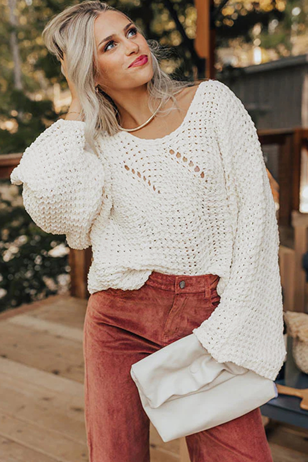 Camel Hollowed Detail Wide Sleeve Loose Pullover Sweater - loveforevers