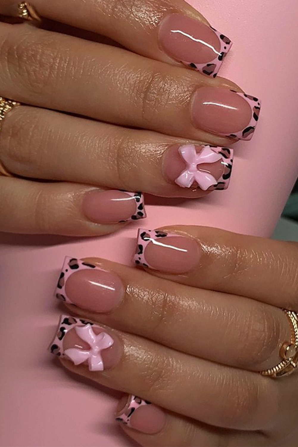 Pink Bow Decor Leopard Trim Nail Stickers - loveforevers