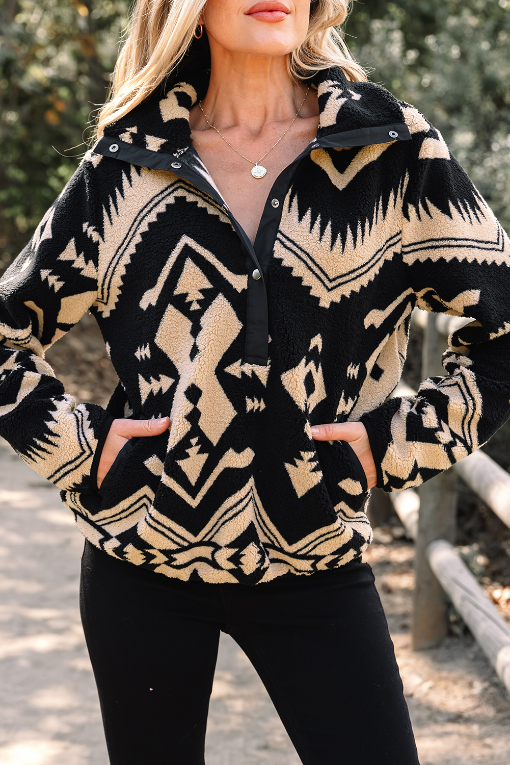 Black Western Aztec Half Placket Plush Sweatshirt - loveforevers
