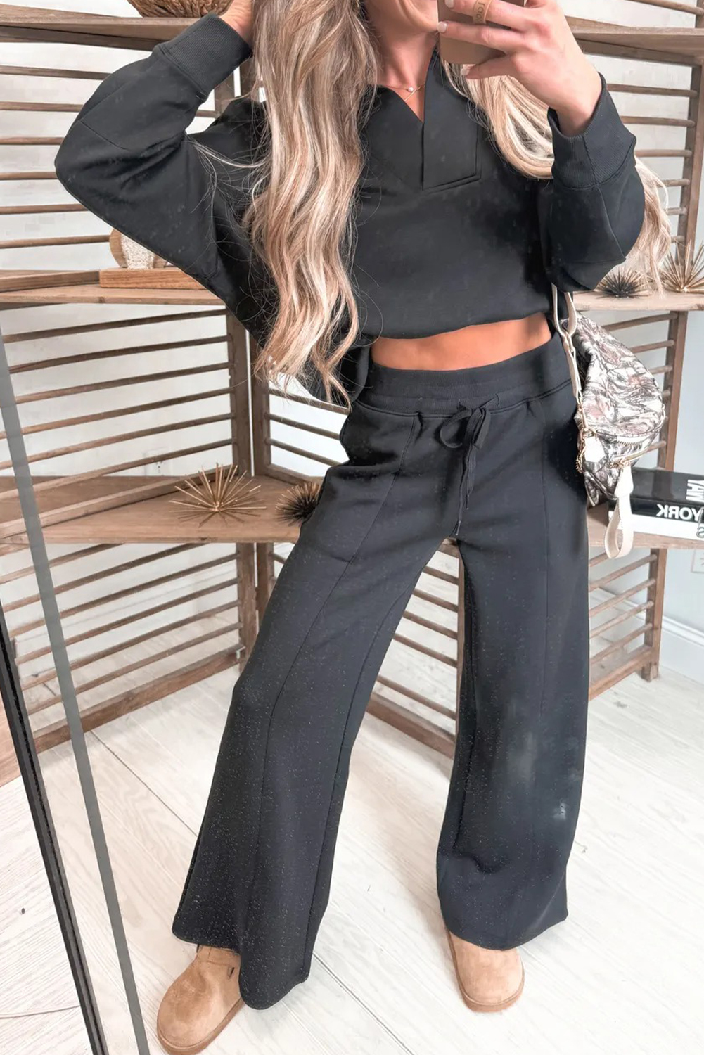 Bristol Black Collared V Neck Pullover Sweatshirt Sweatpants Set - loveforevers