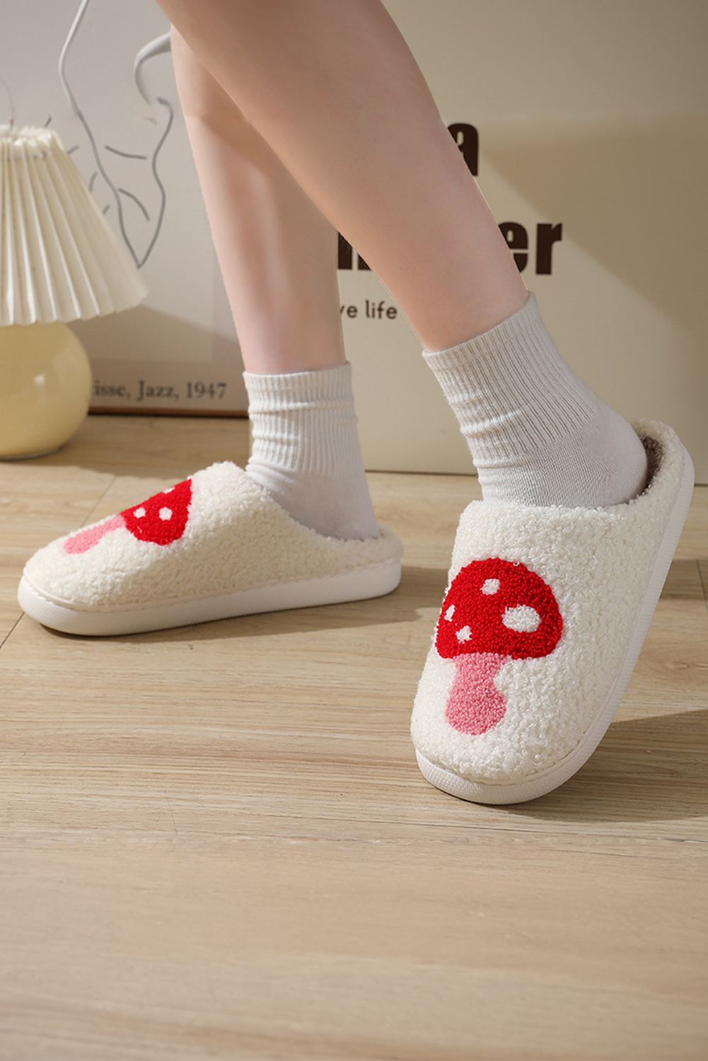 White Cute Cartoon Mushroom Graphic Fuzzy Winter Slippers - loveforevers