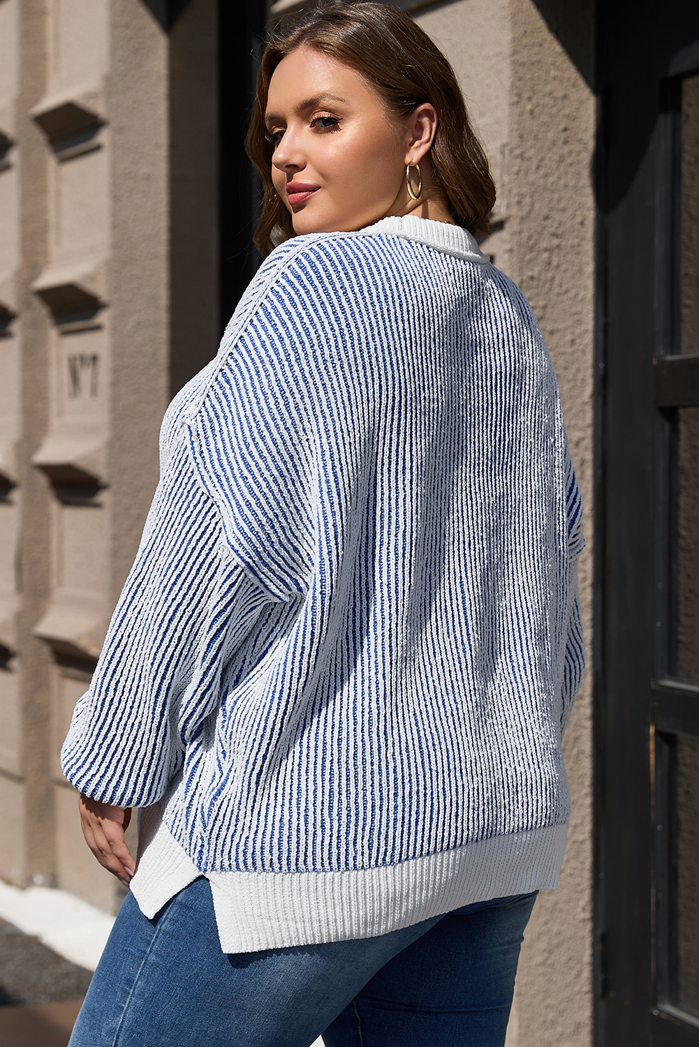 Bright Pink Striped Textured Knit Contrast Edge Loose Sweater - loveforevers
