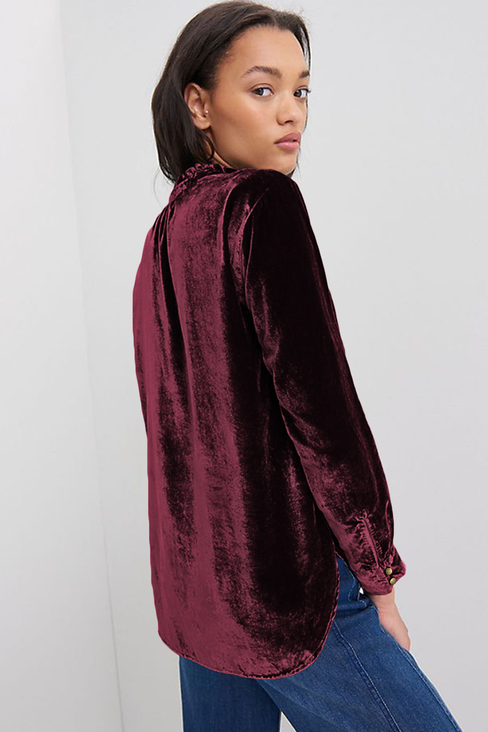 Burgundy Frilled Neck Buttoned Front Velvet Top - loveforevers