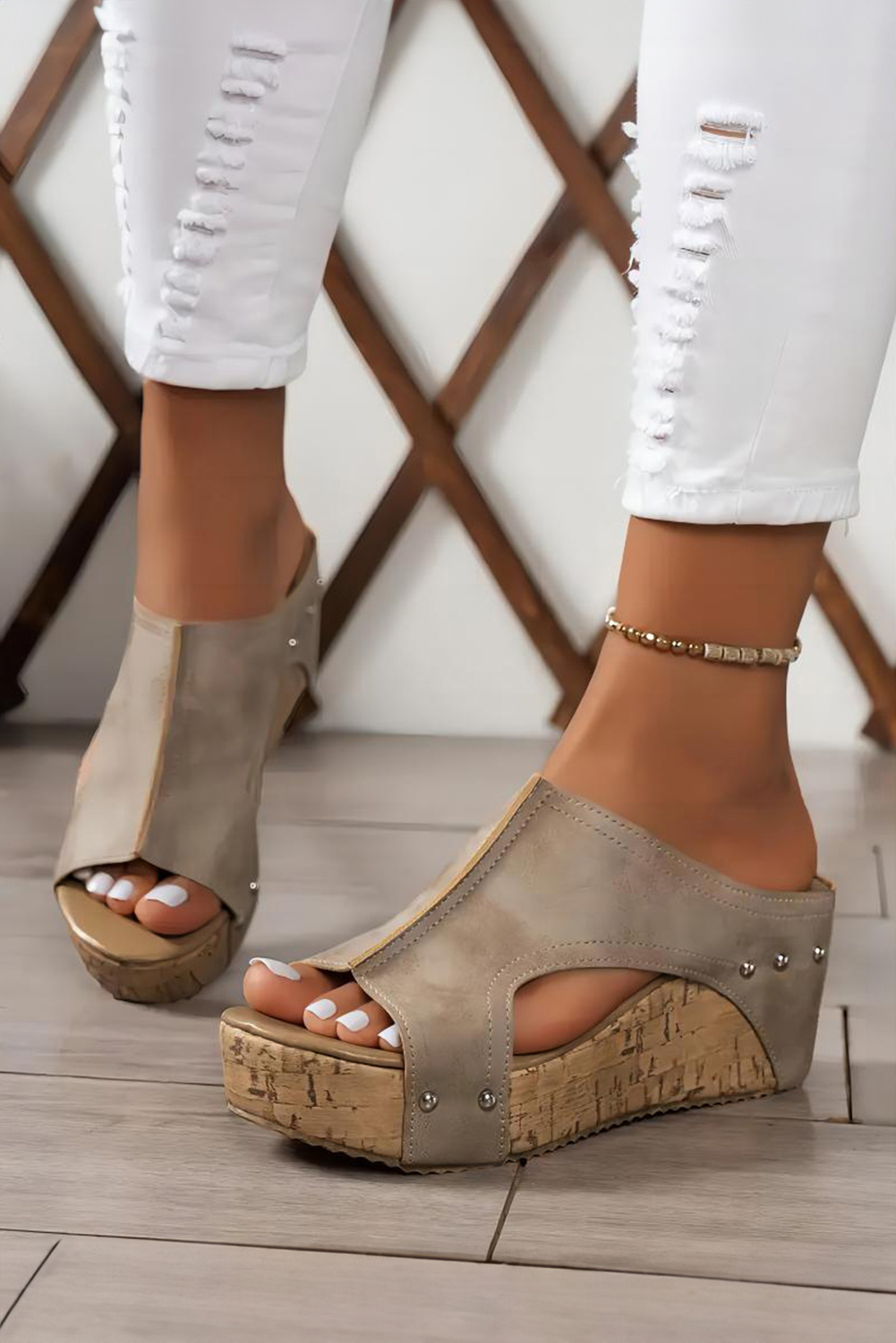 Chestnut Hollow Out Studded PU Leather Wedge Slippers - loveforevers