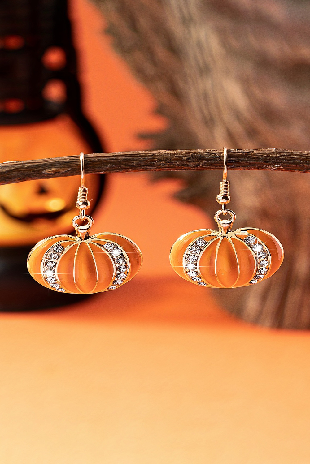 Orange Halloween Rhinestone Pumpkin Hook Earrings - loveforevers