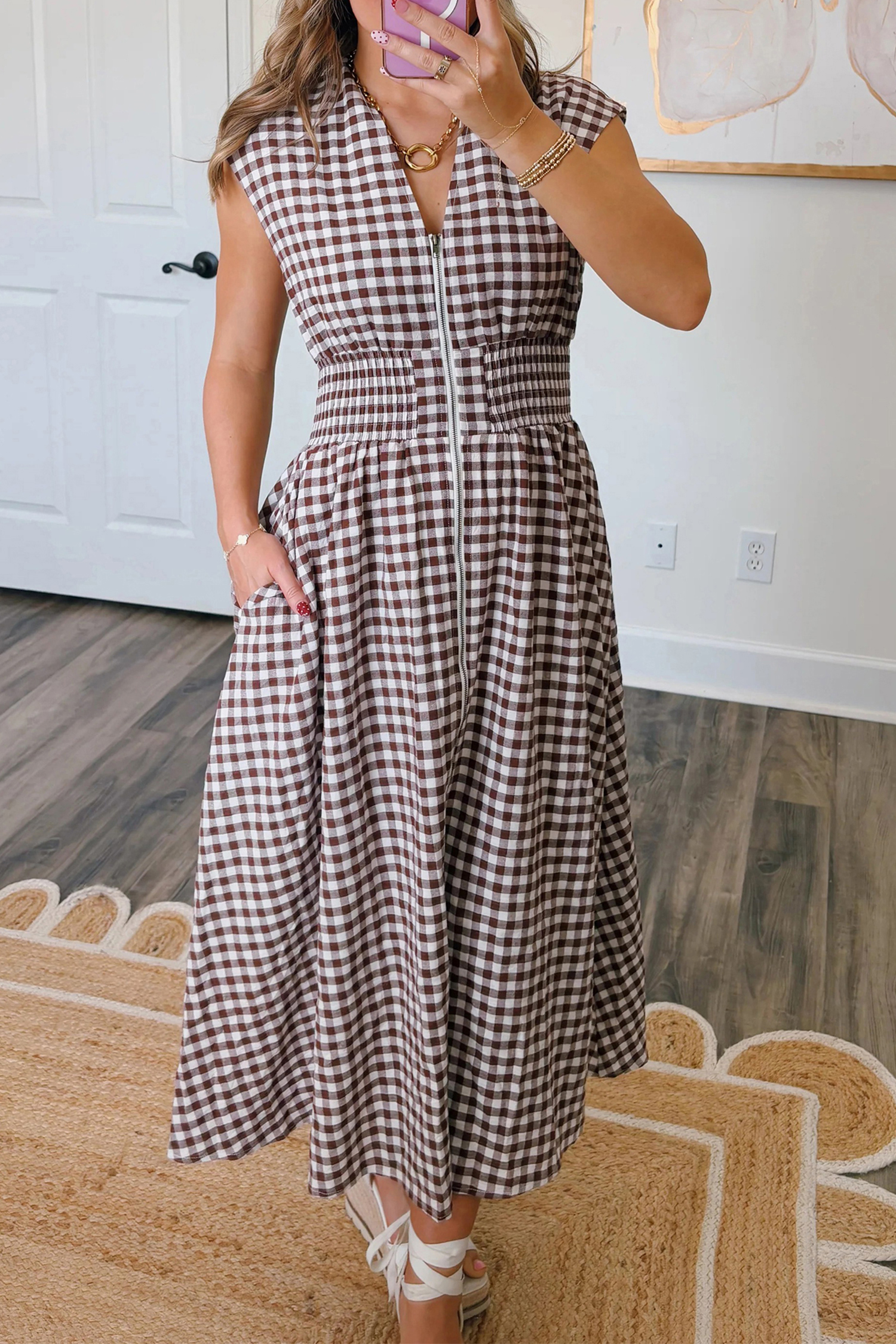 Coffee Plaid Print Full Zipper Cinched Waist Fit Flare Sleeveless Maxi Dress - loveforevers